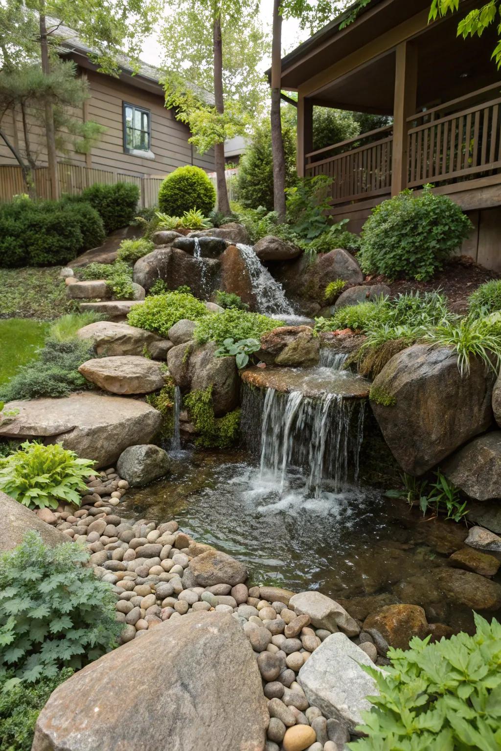 A small waterfall incorporated into a front yard rock garden.