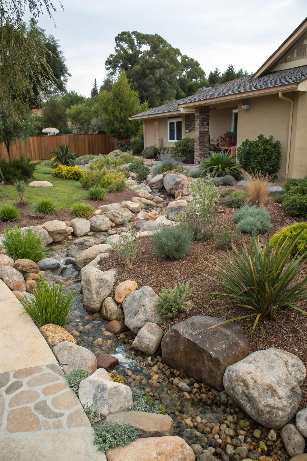 Water features add serenity and elegance to xeriscape gardens.