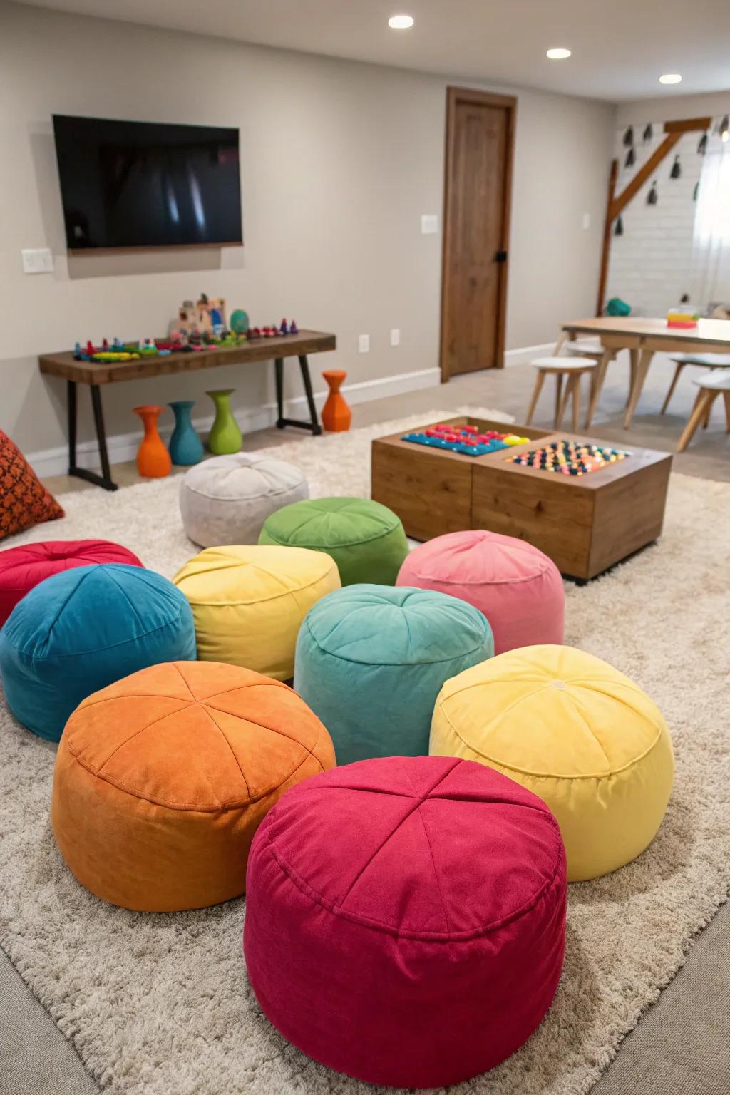 Vibrant poufs bring energy and additional seating to your game room.