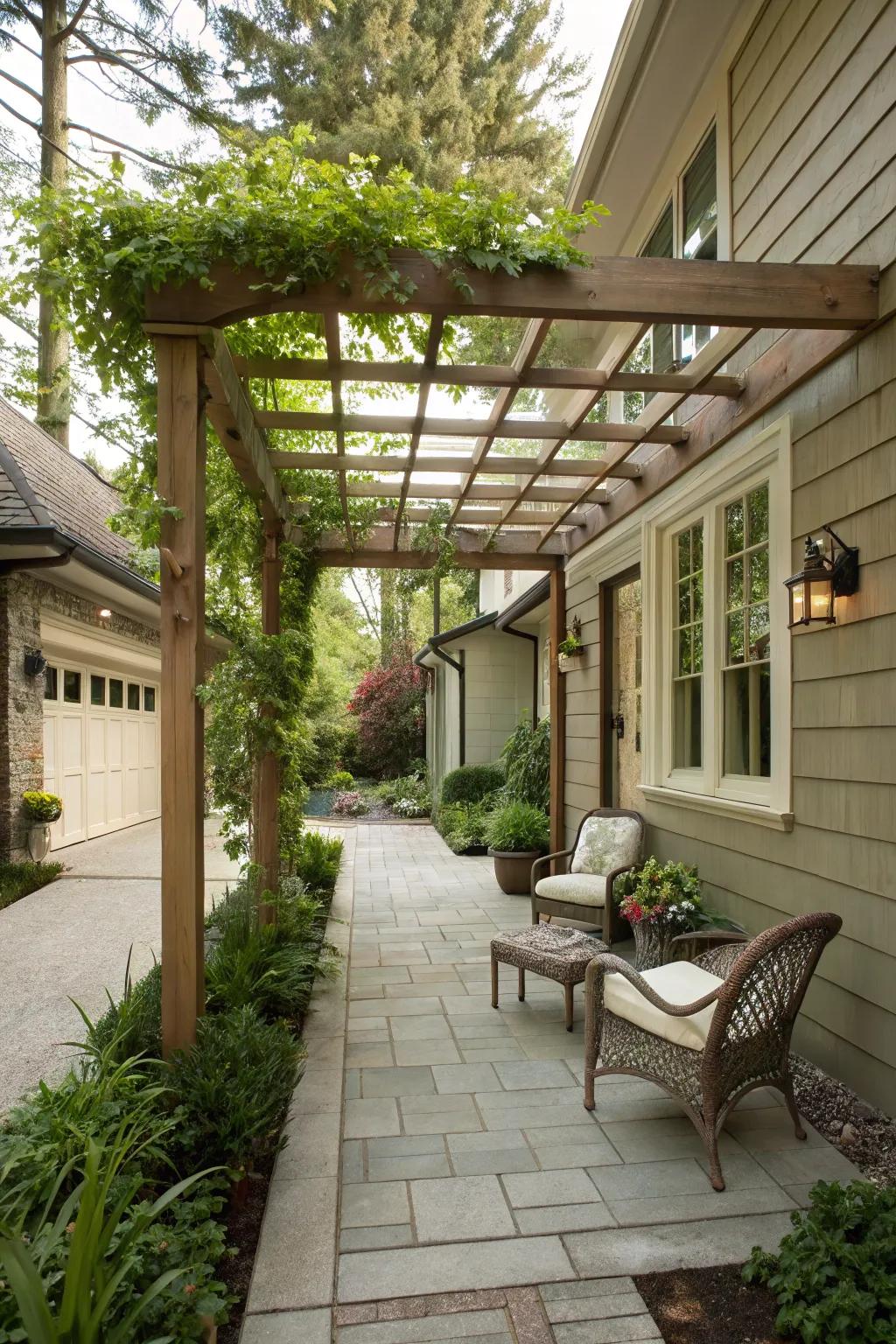 A charming breezeway that links the garage and home.