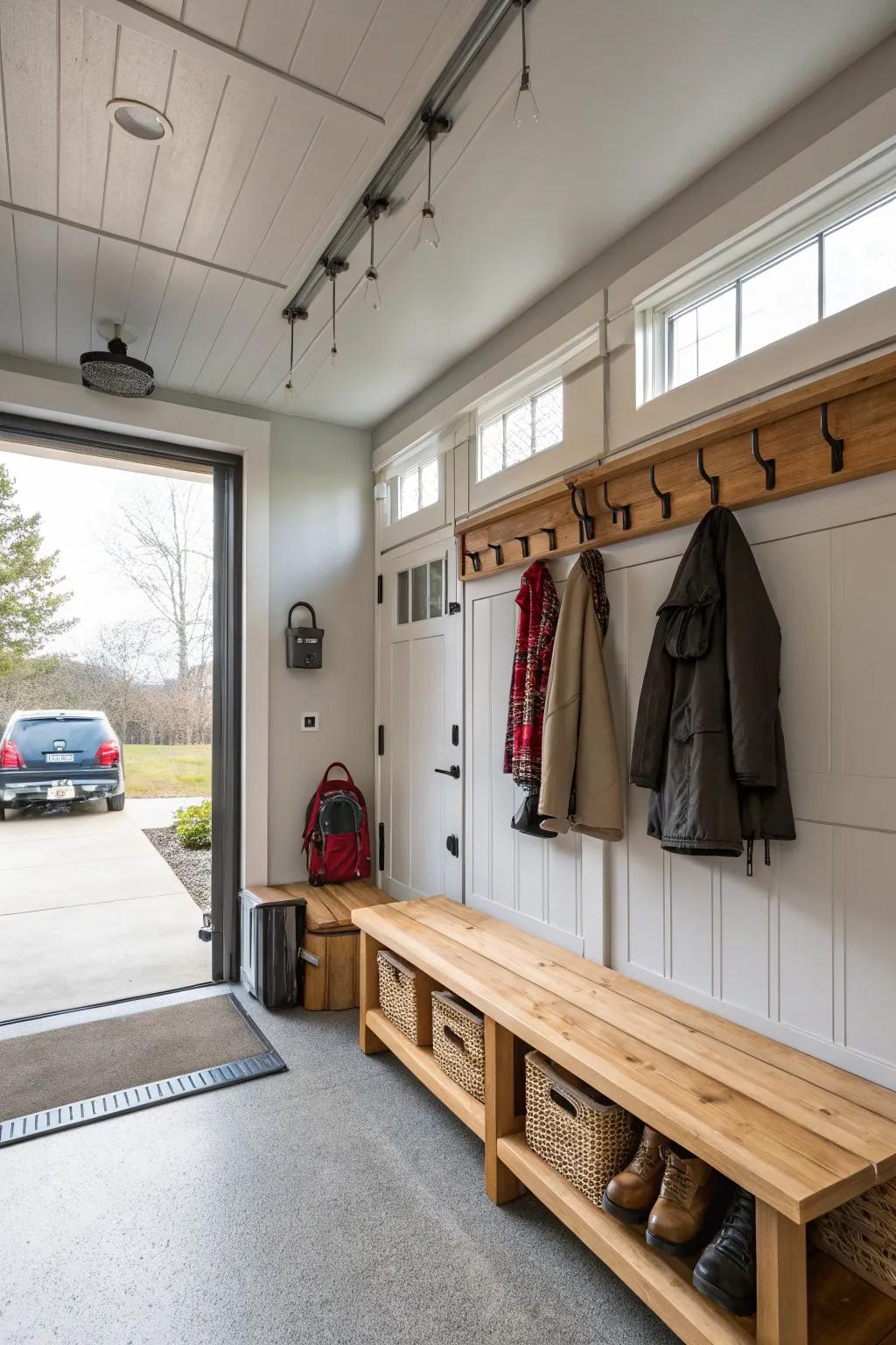 A mudroom-style entryway keeps the garage organized and functional.