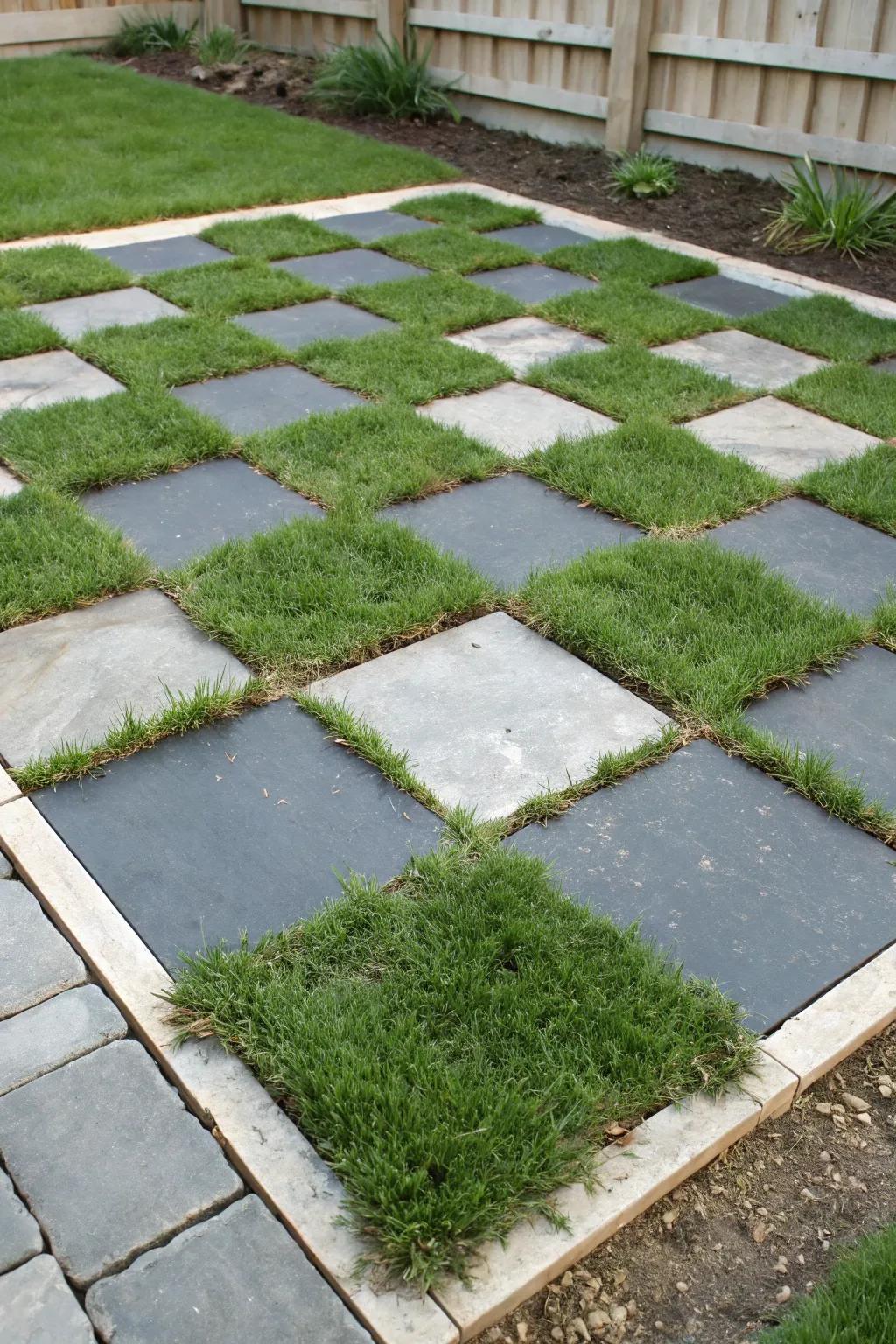 Add a playful twist to your garden with a checkerboard pattern using slate chippings.