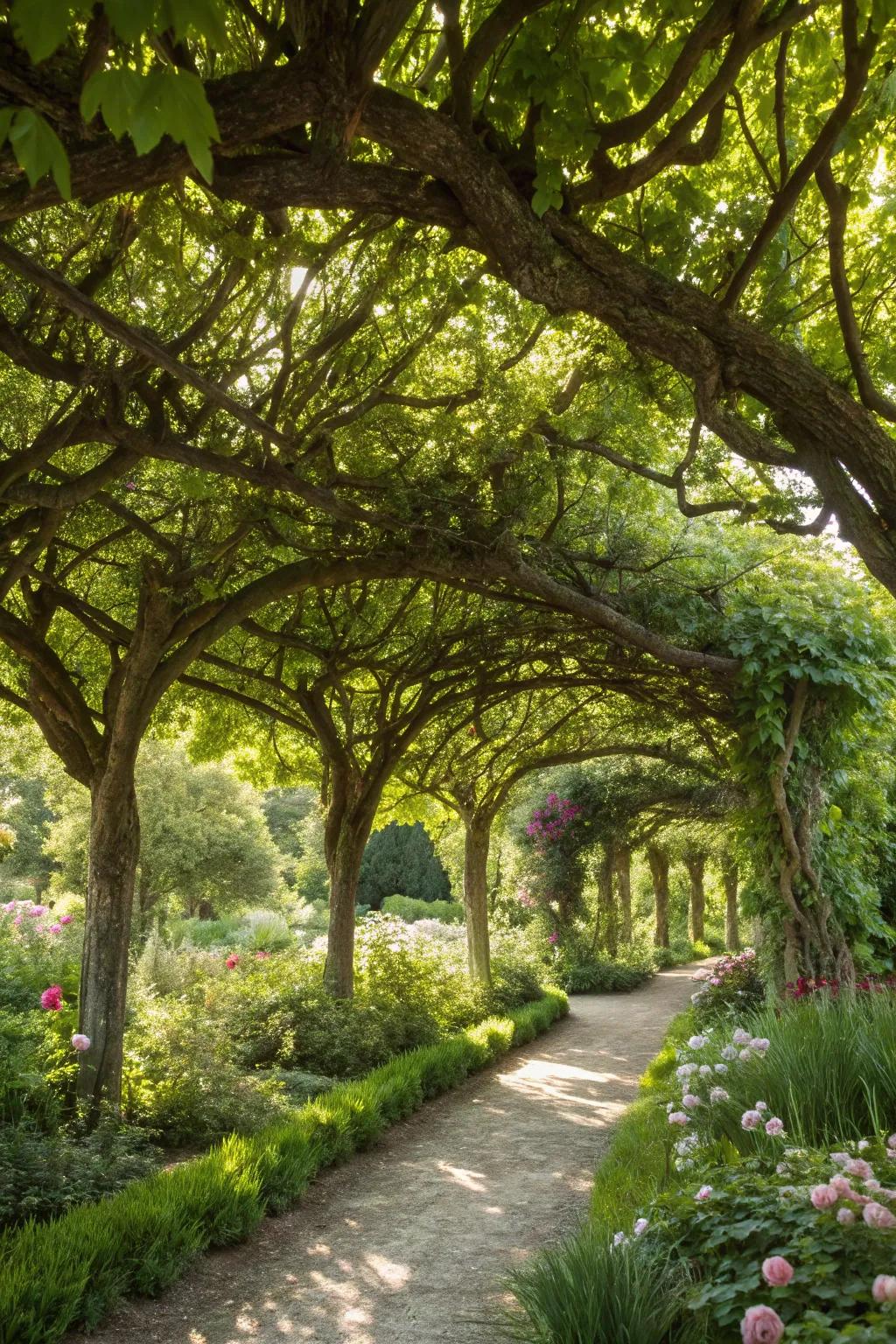 A garden retreat with tree canopies forming a natural roof.