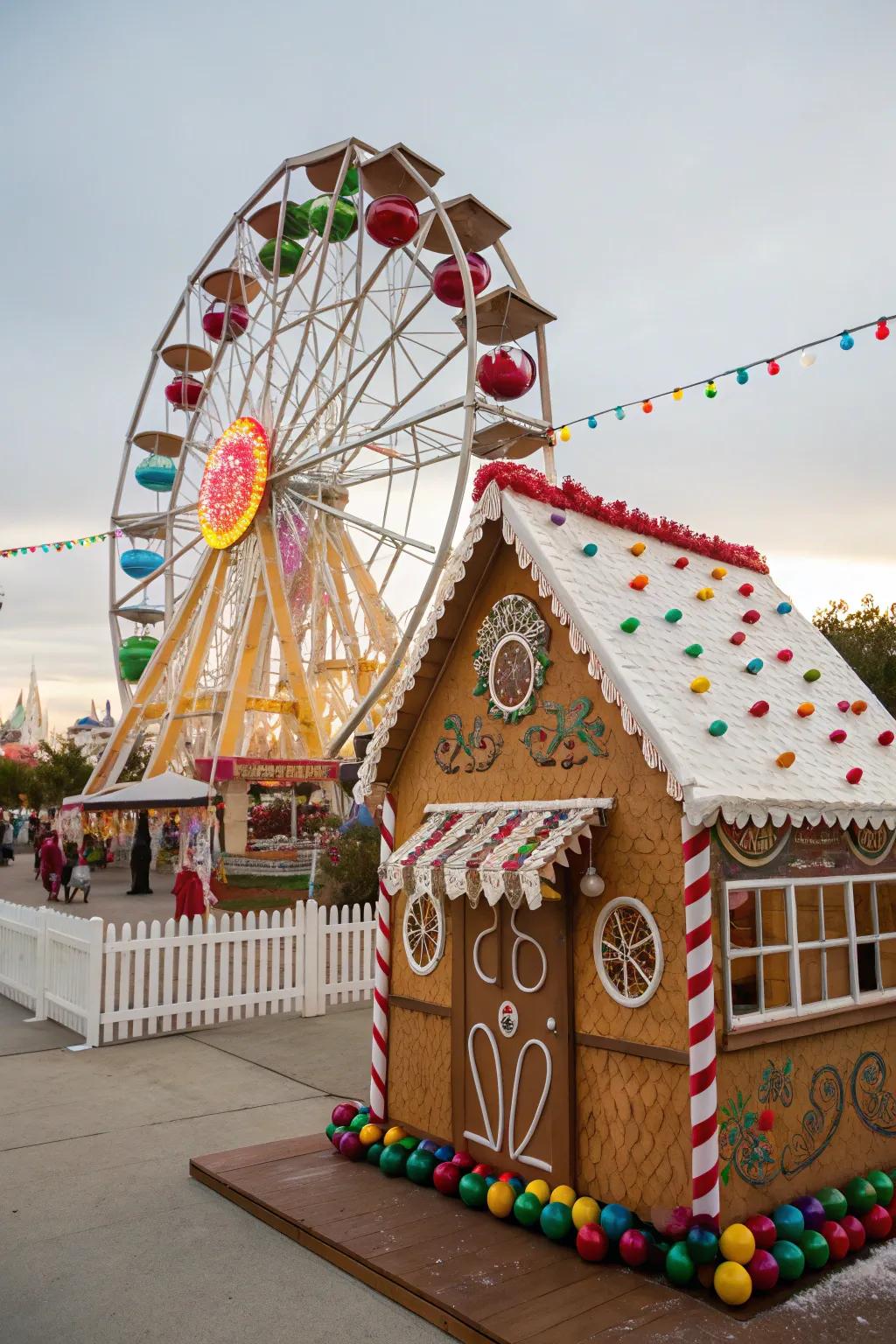 A gingerbread house capturing the lively spirit of a carnival.