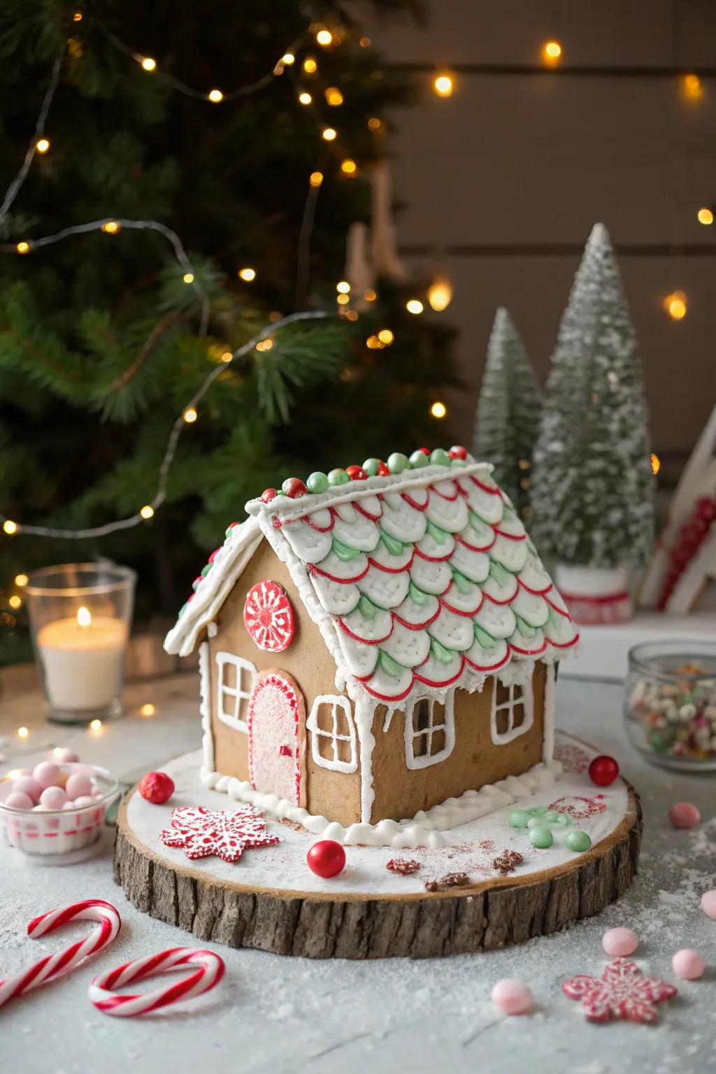 A gingerbread roof with peppermint bark shingles.