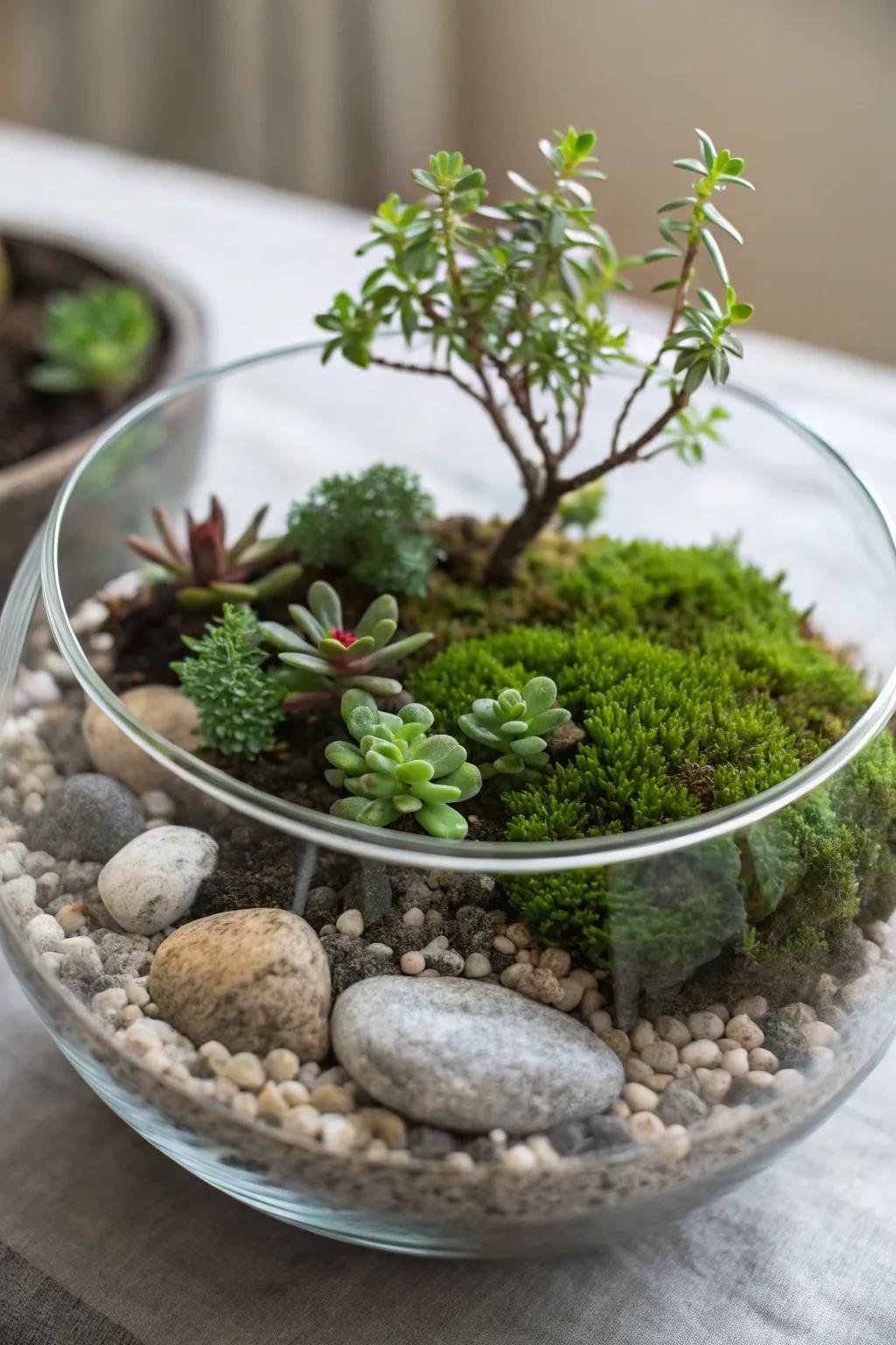 A charming miniature garden in a glass bowl.