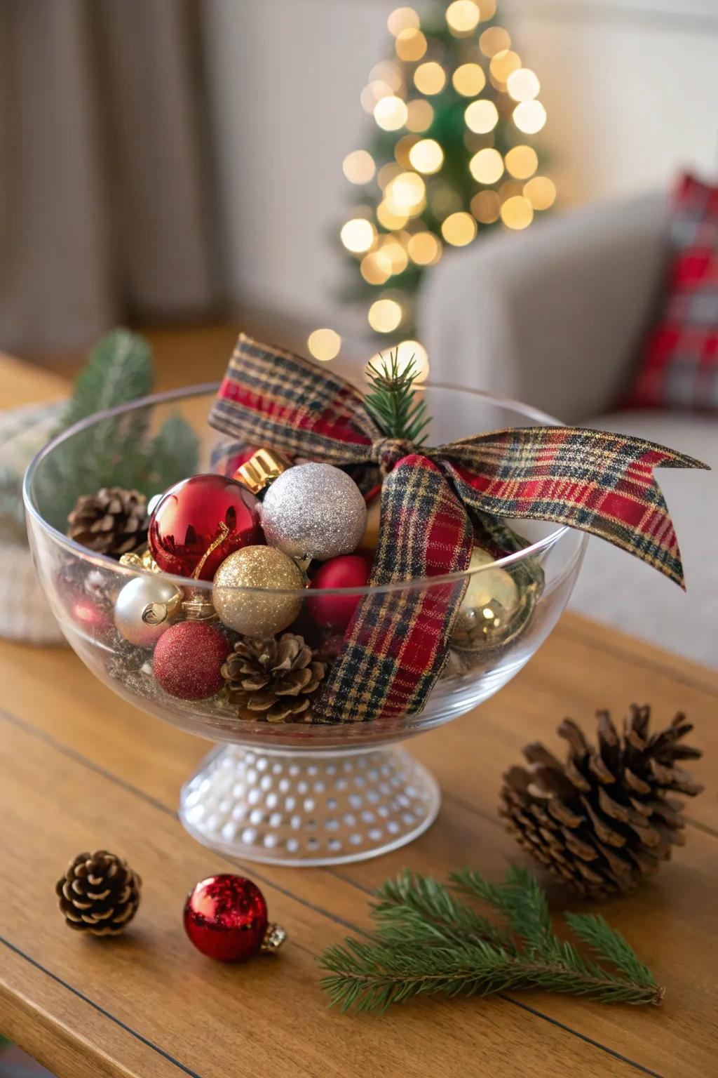 Plaid ribbons add a cozy touch to a glass bowl.