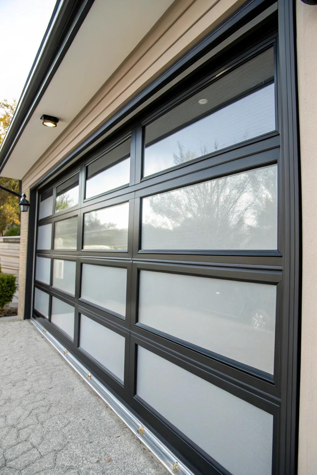 An energy-efficient glass garage door featuring insulated glass.