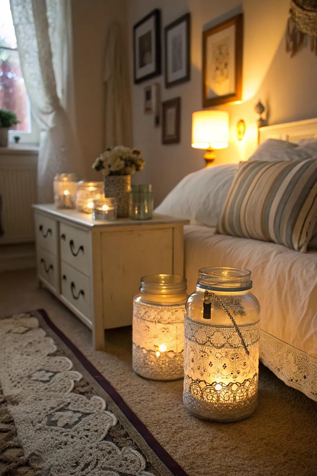 Lace-wrapped jars create a romantic and soft glow.