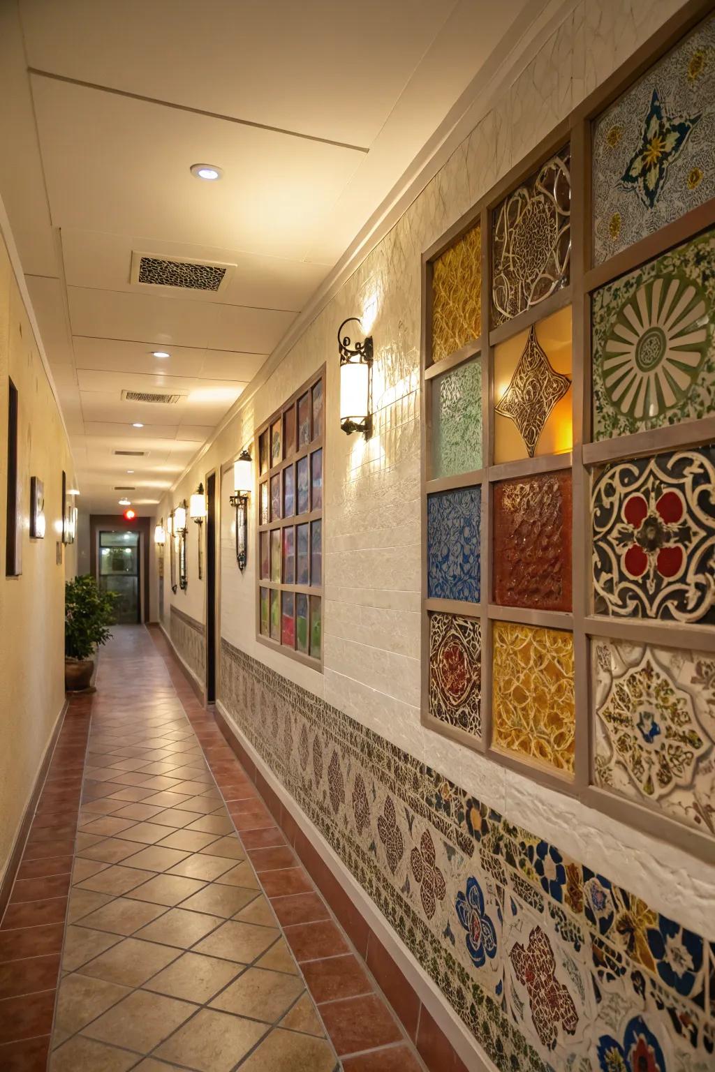 Decorative insets with glass tiles create unexpected visual interest.