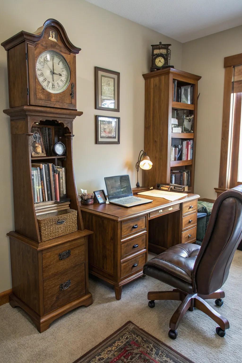 A grandfather clock enhances the elegance of a home office space.