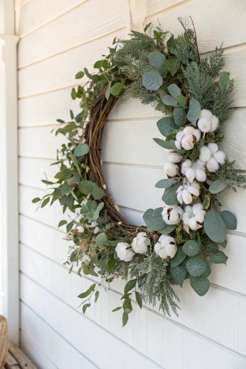 A farmhouse style grapevine wreath with cotton stems.