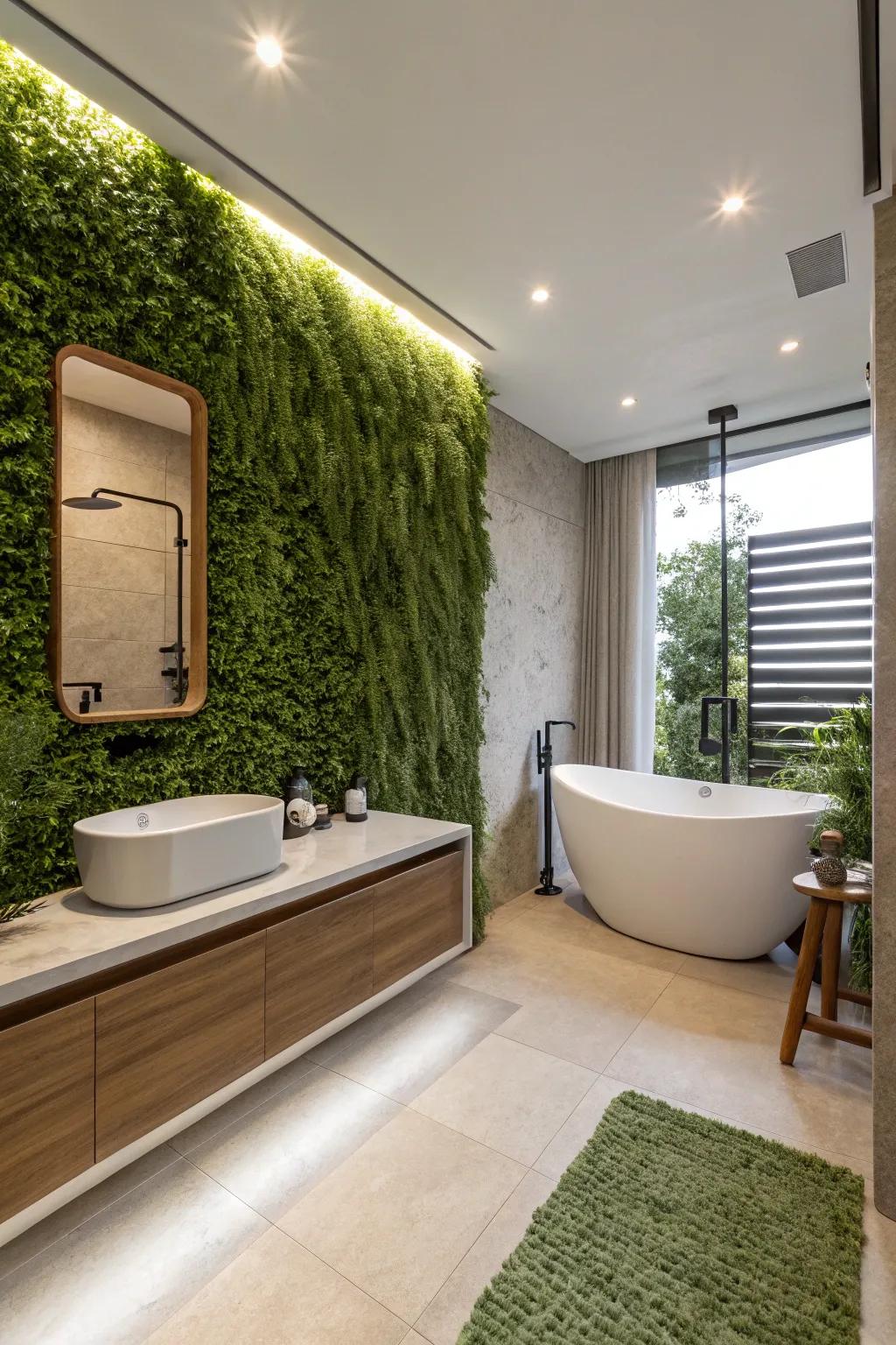 A serene bathroom features a grass wall, offering a spa-like experience at home.