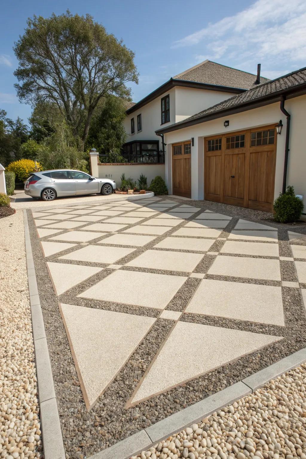 Geometric patterns offer a modern and personalized driveway design.