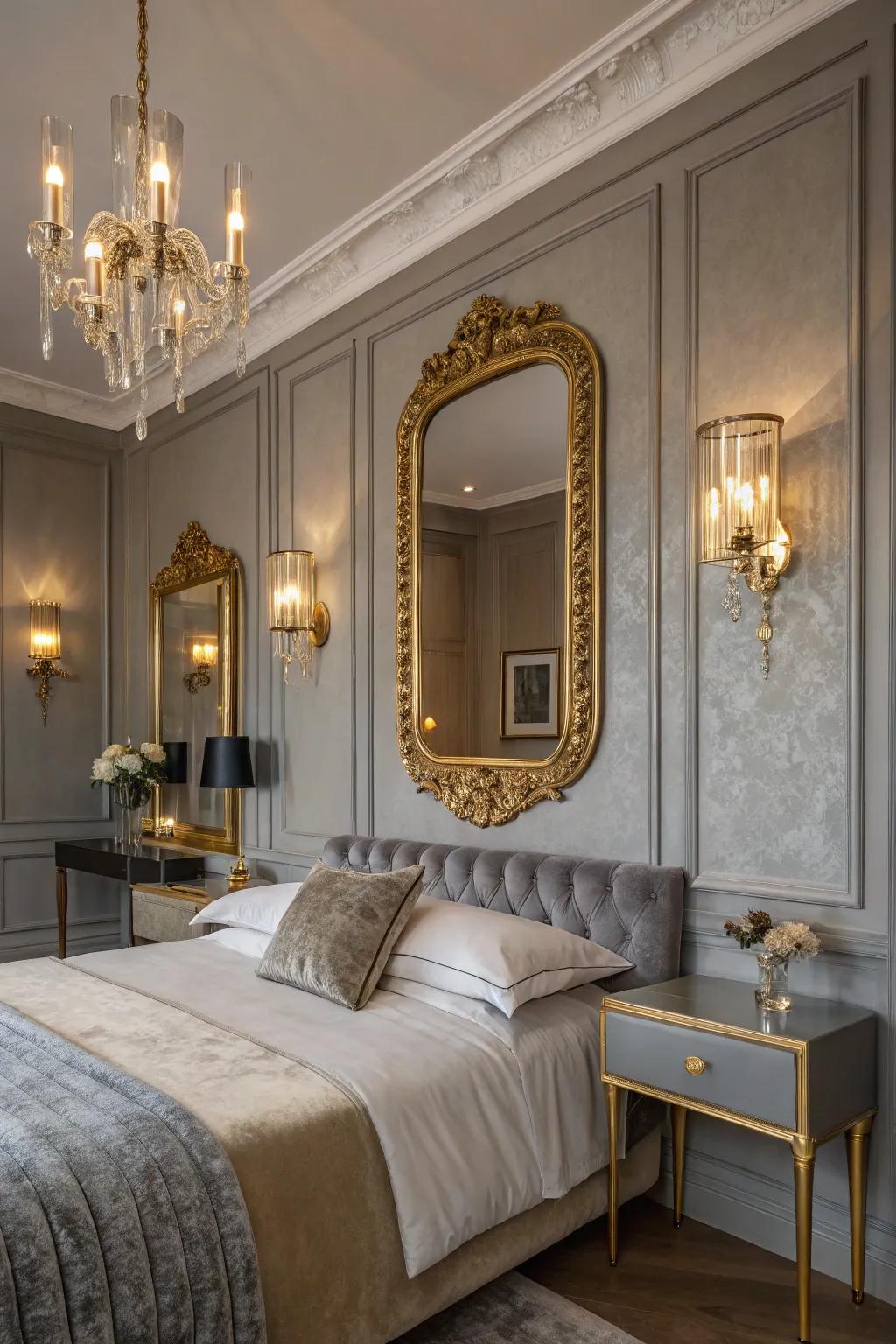 A glamorous gray bedroom with gold accents.