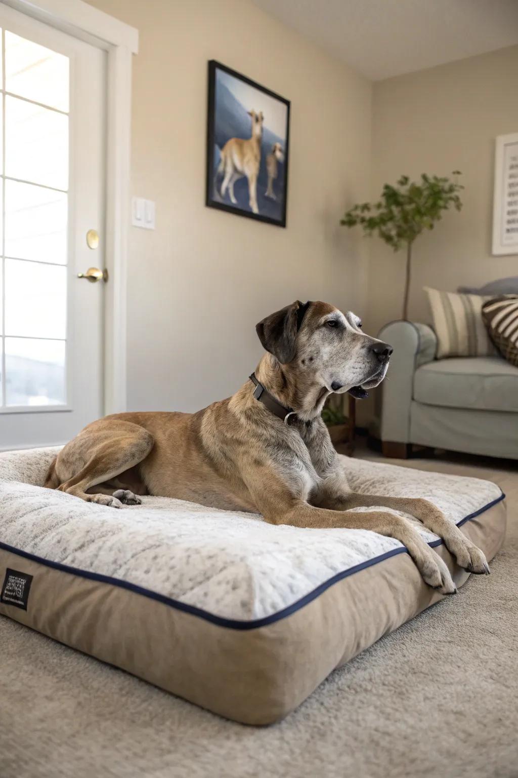 Orthopedic beds provide essential support for aging Great Danes.