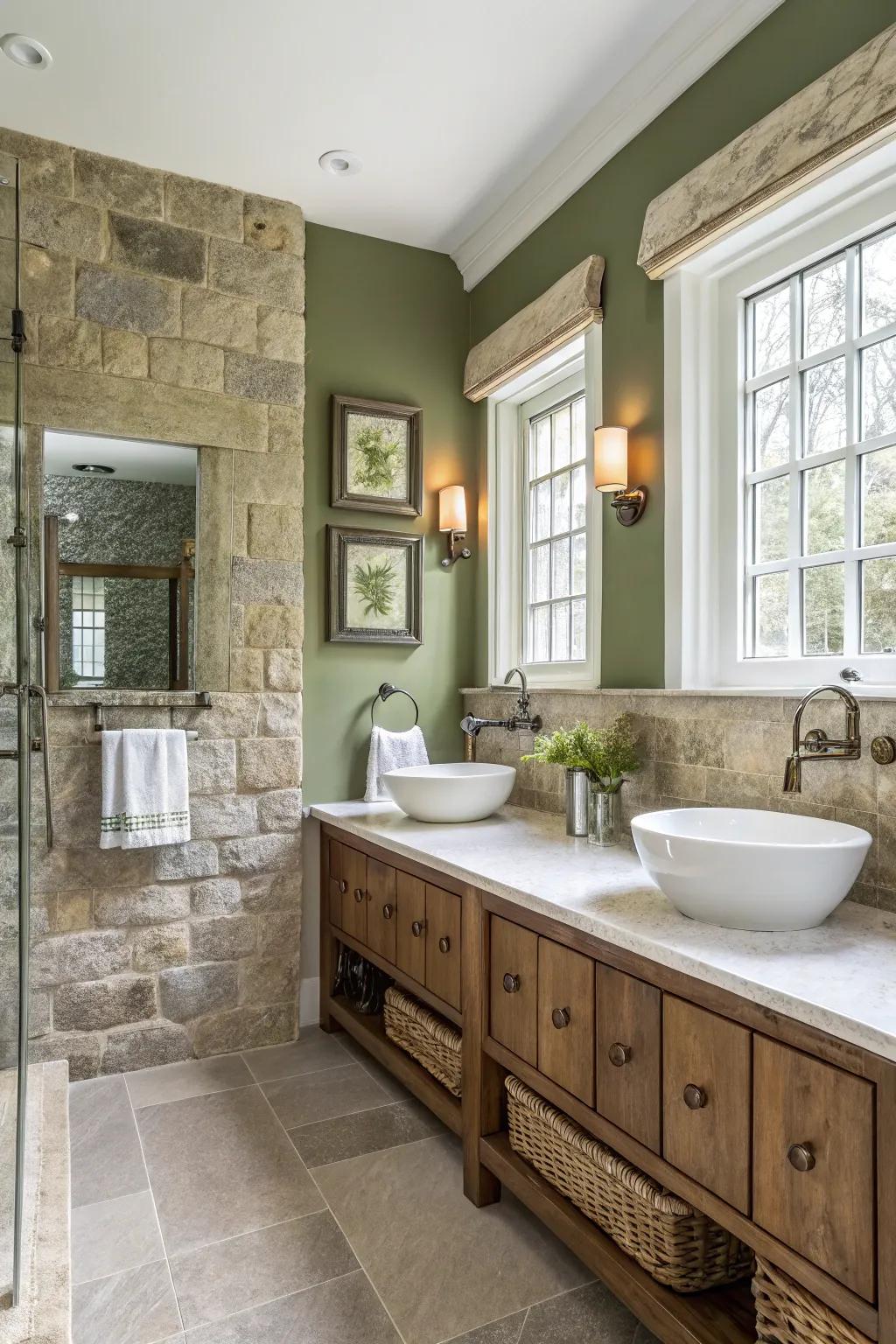 Olive green walls bring a spa-like atmosphere to this bathroom.