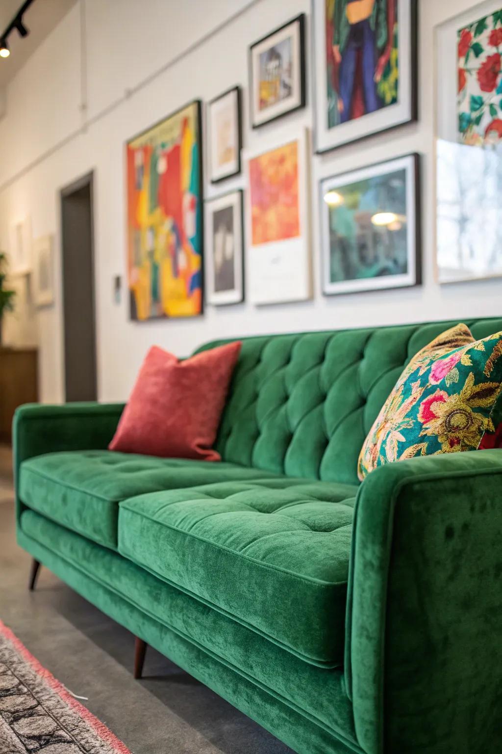 A gallery-like living room with a green velvet couch and bold artwork.