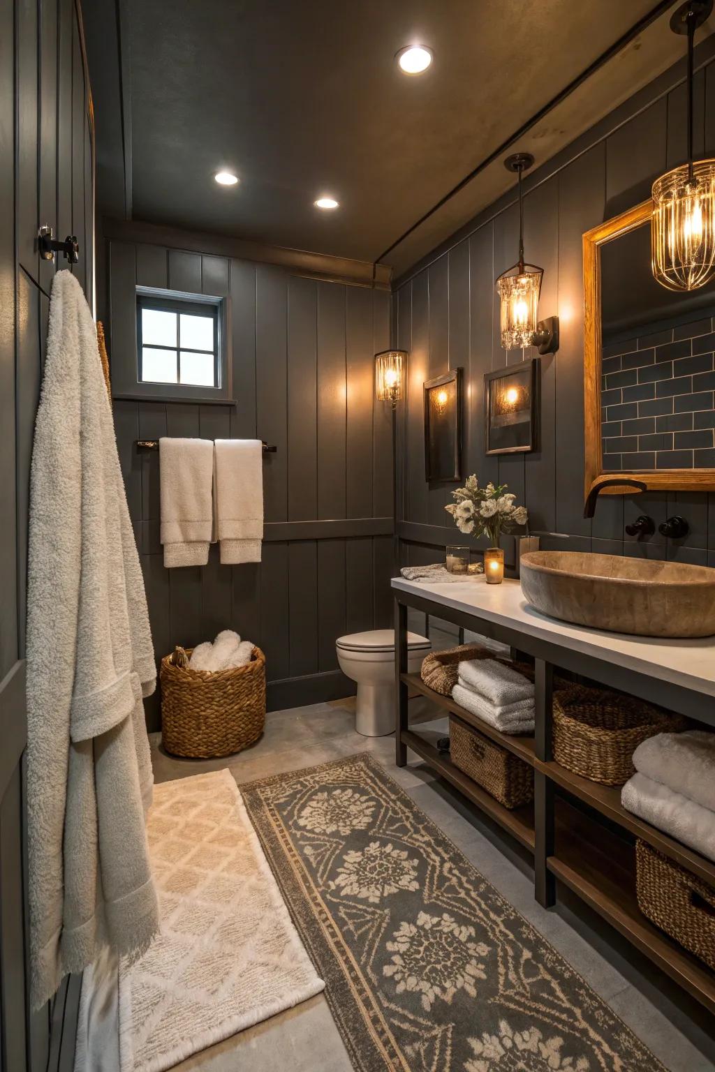 Dark grey walls create a cozy and intimate atmosphere in this bathroom retreat.