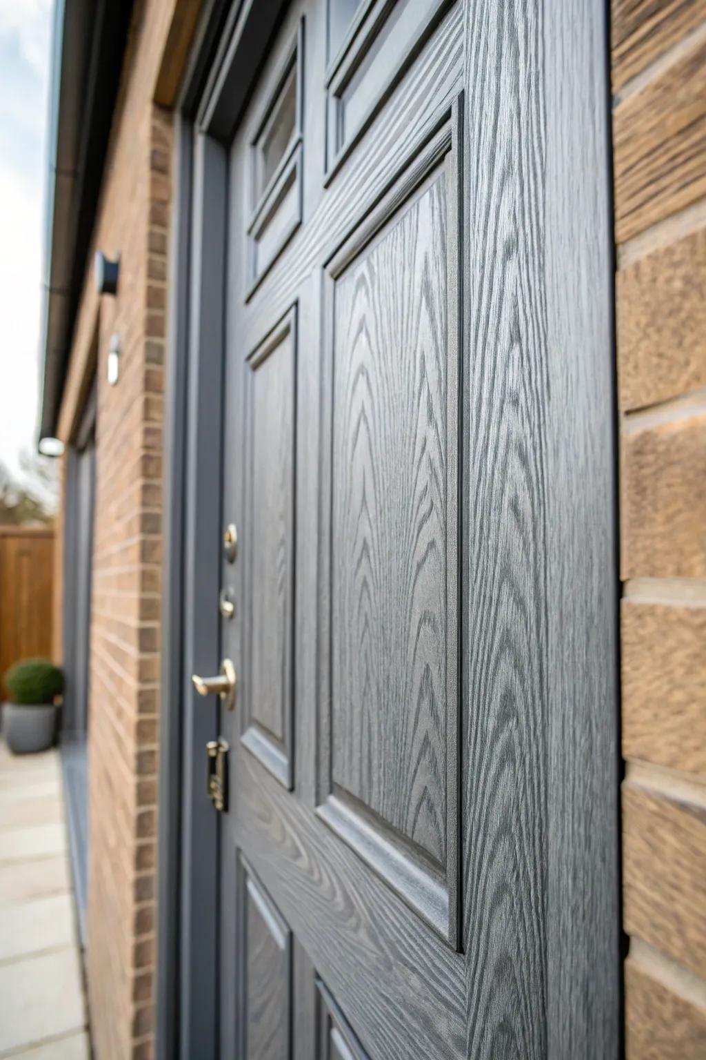 Textured surfaces add depth to this grey composite door.