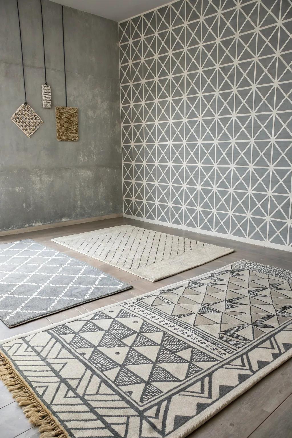 Geometric patterns add visual interest to this grey room.