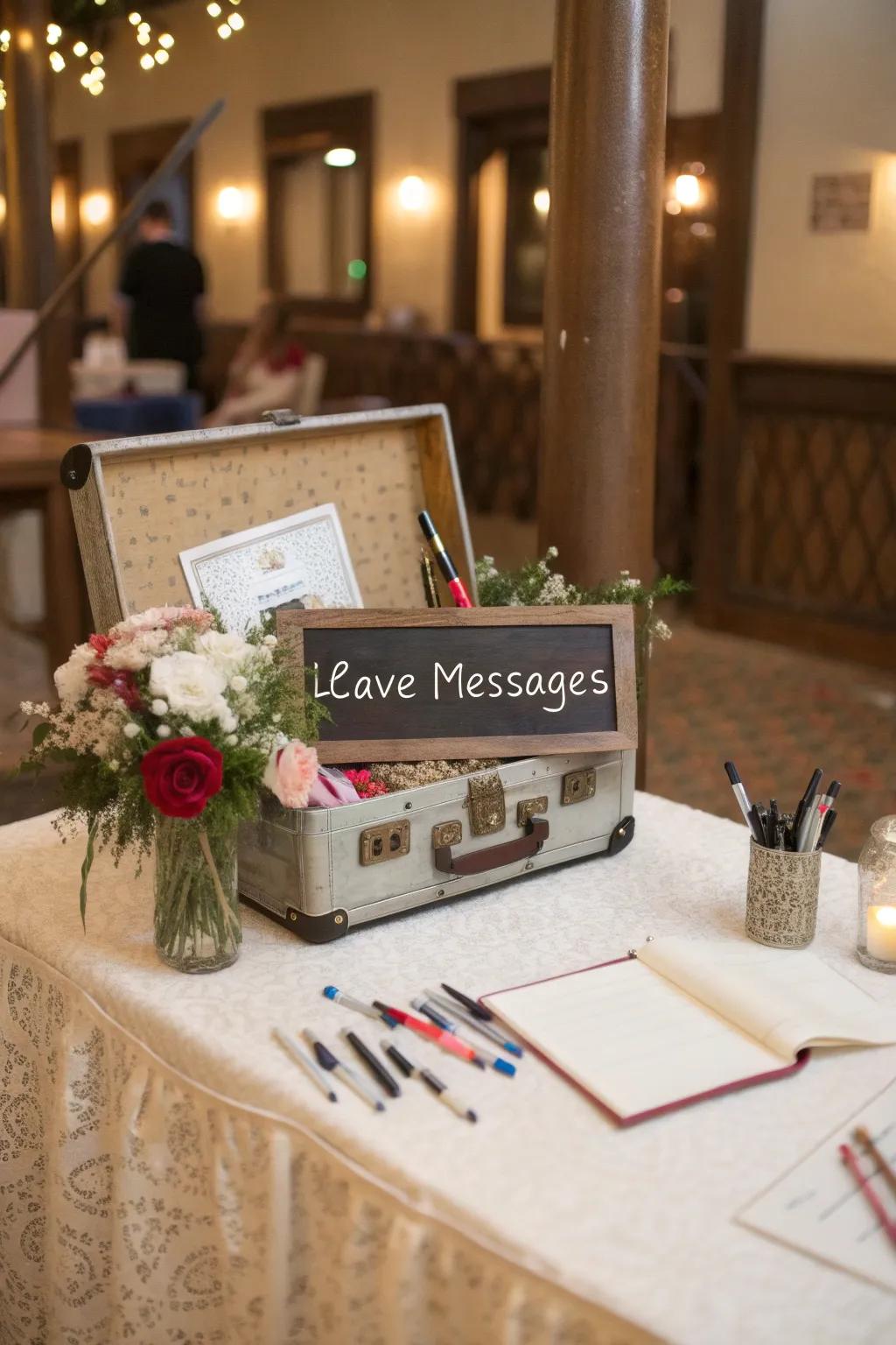 A vintage suitcase provides a charming container for guest messages.