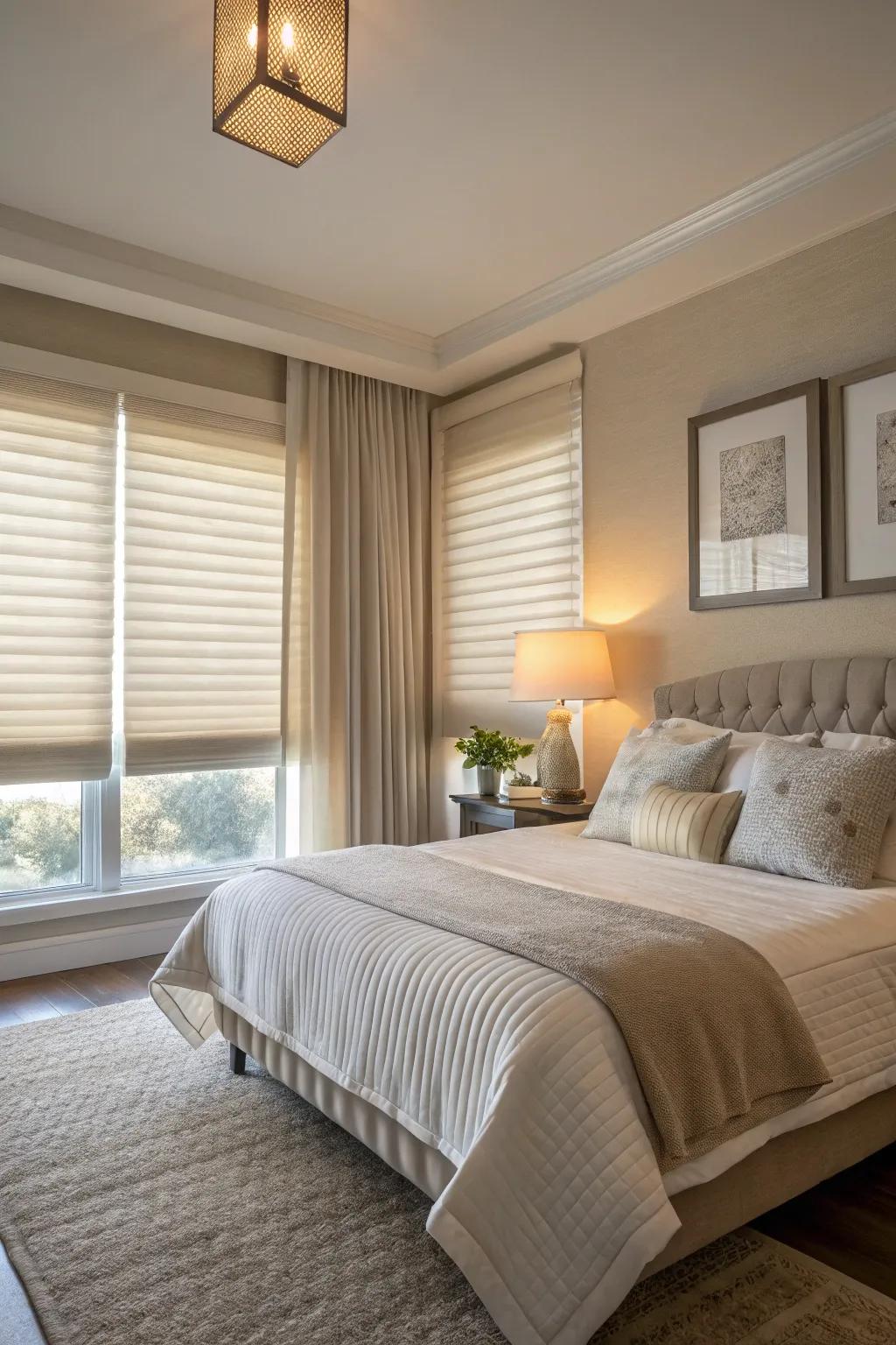 Serene bedroom with neutral pleated shades.