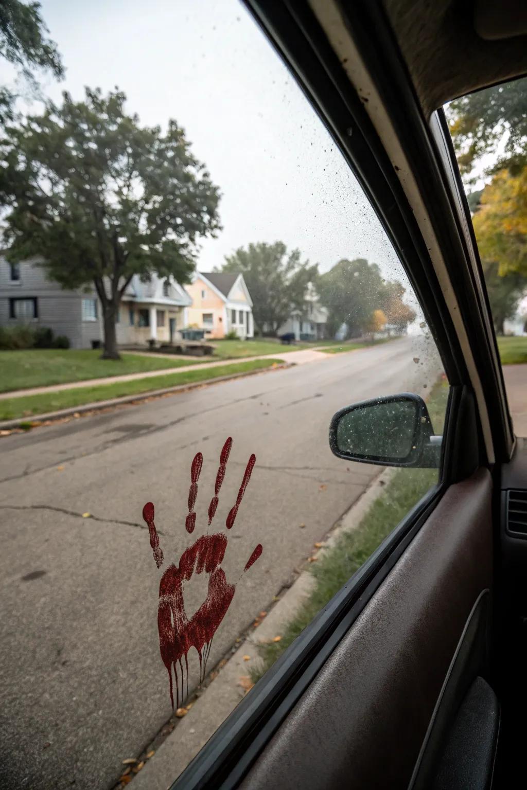 Bloody handprints add a creepy touch to your Halloween car decor.