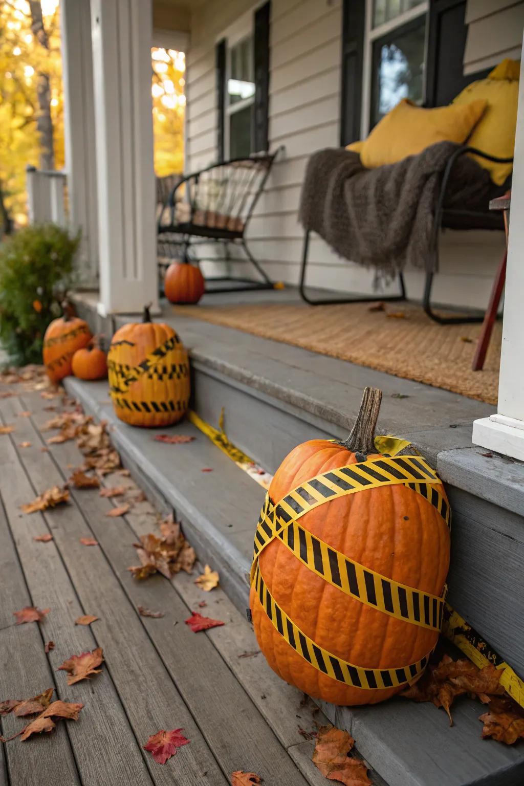 Pumpkins wrapped in caution tape for a spooky effect.