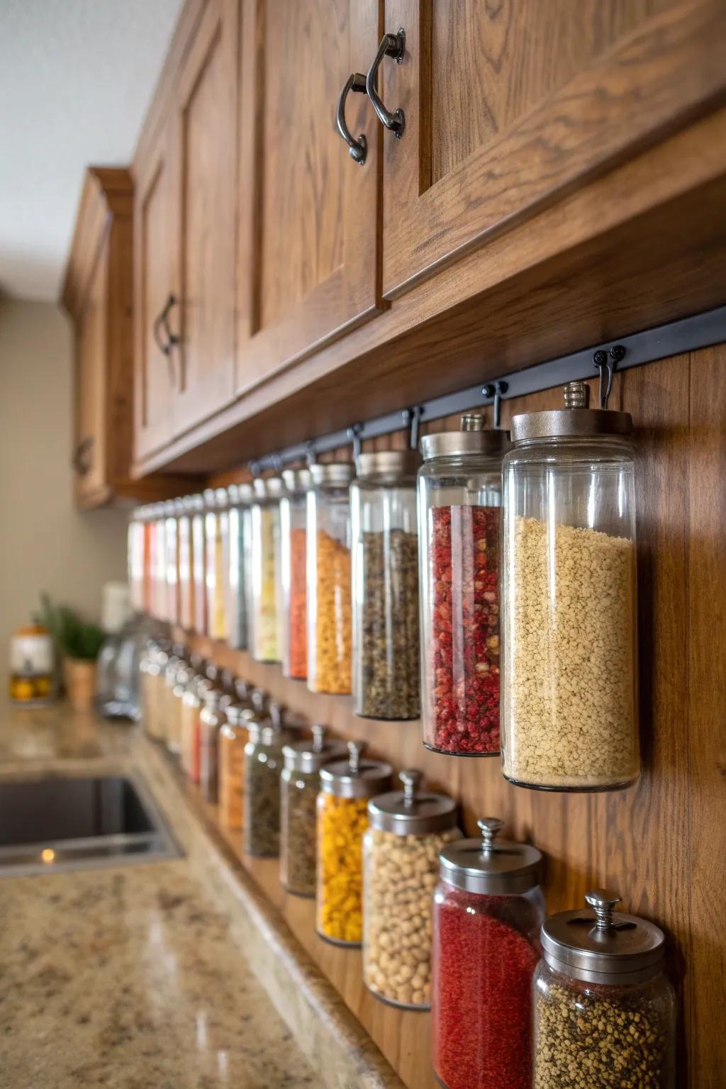 Hanging jars offer a quaint storage solution for kitchen essentials.