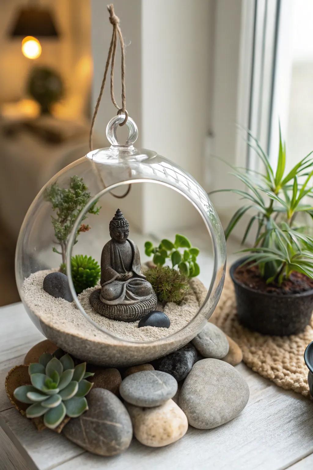 A calming Zen garden terrarium for a peaceful ambiance.