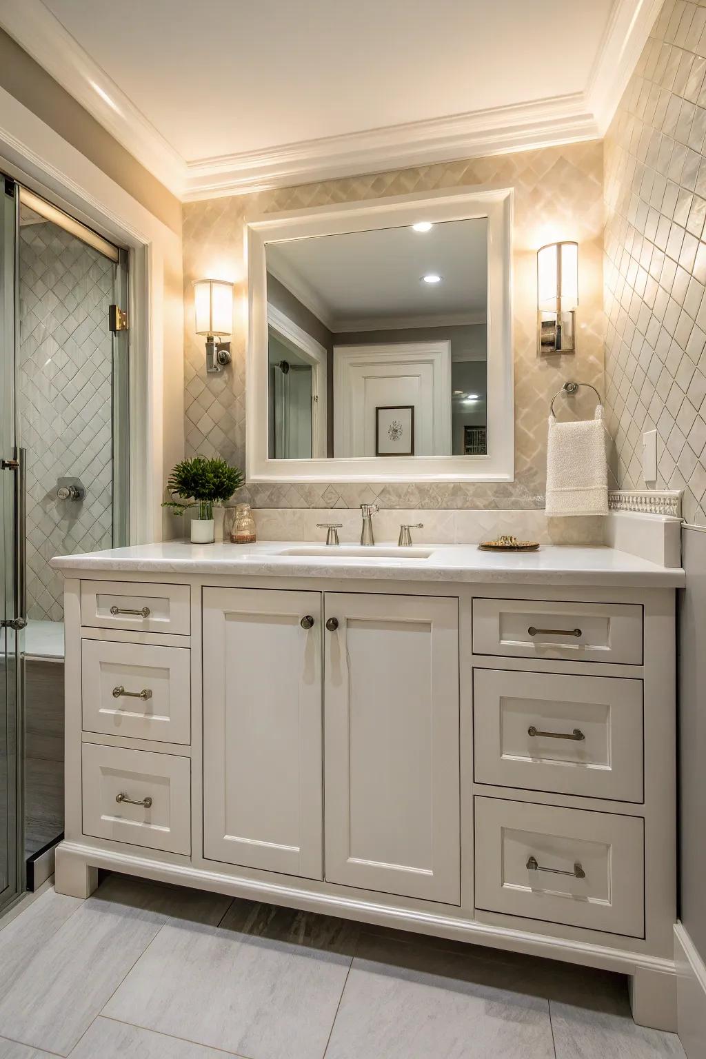 A custom vanity with a cleverly integrated hidden cabinet.