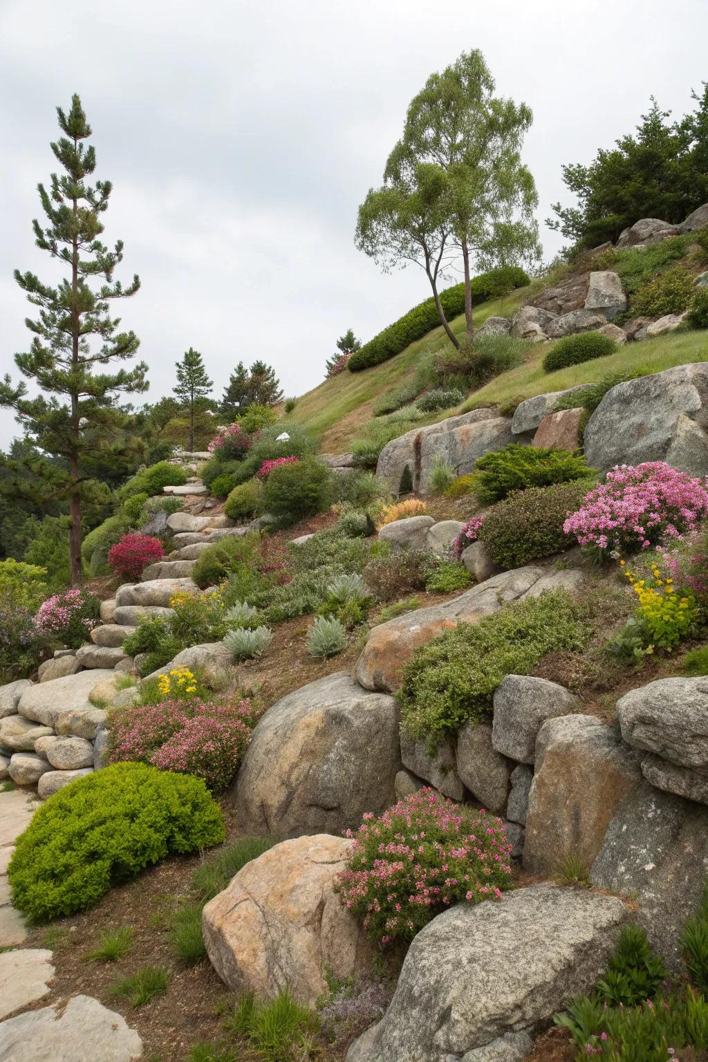 Rock gardens bring a natural and low-maintenance appeal to a hillside.