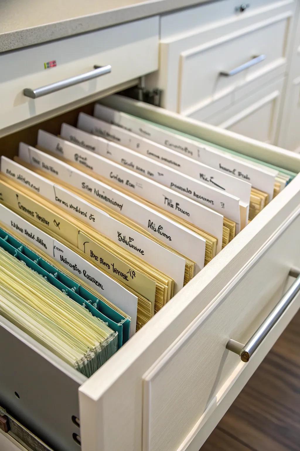 Hanging folders provide an orderly solution for keeping papers in check.