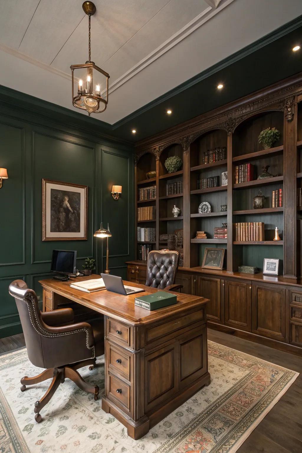 Dark green walls provide a bold and calming environment in this home office.