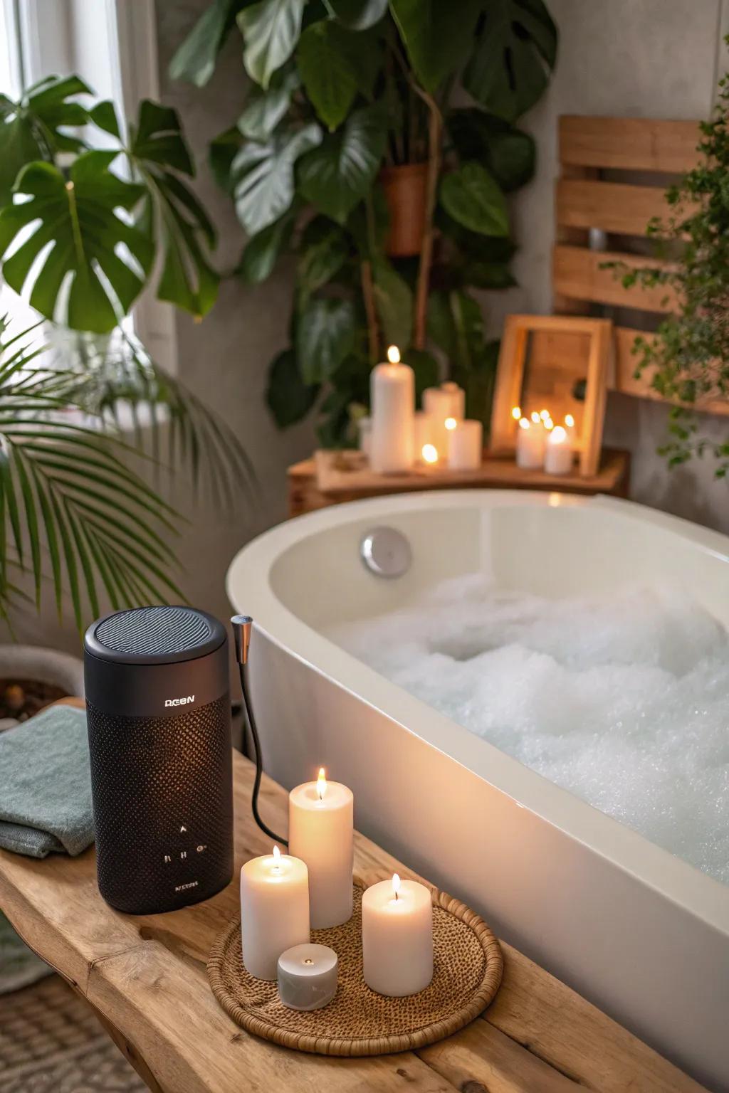 Enhance the atmosphere with soothing spa music.