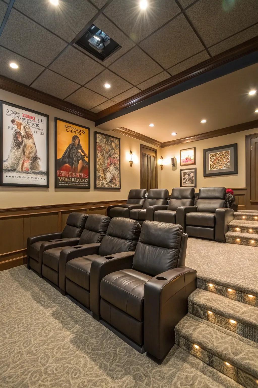 Themed wall art adds personality and cohesion to your home theater.