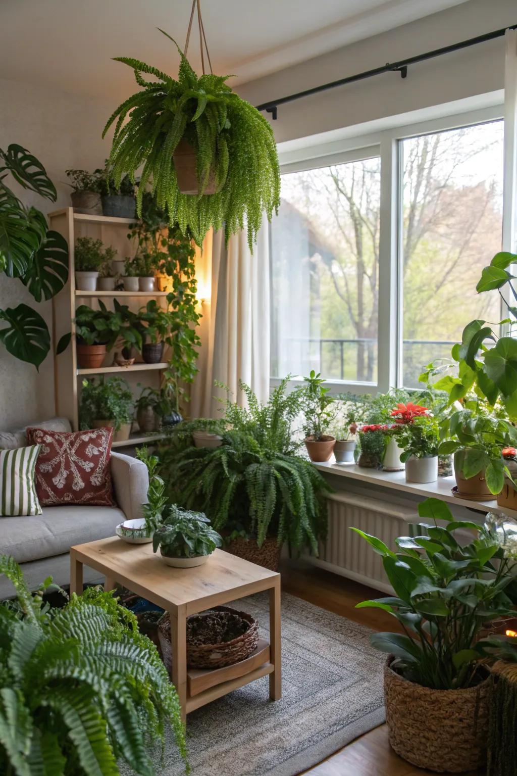 Indoor plants enhancing the freshness and tranquility of a space.