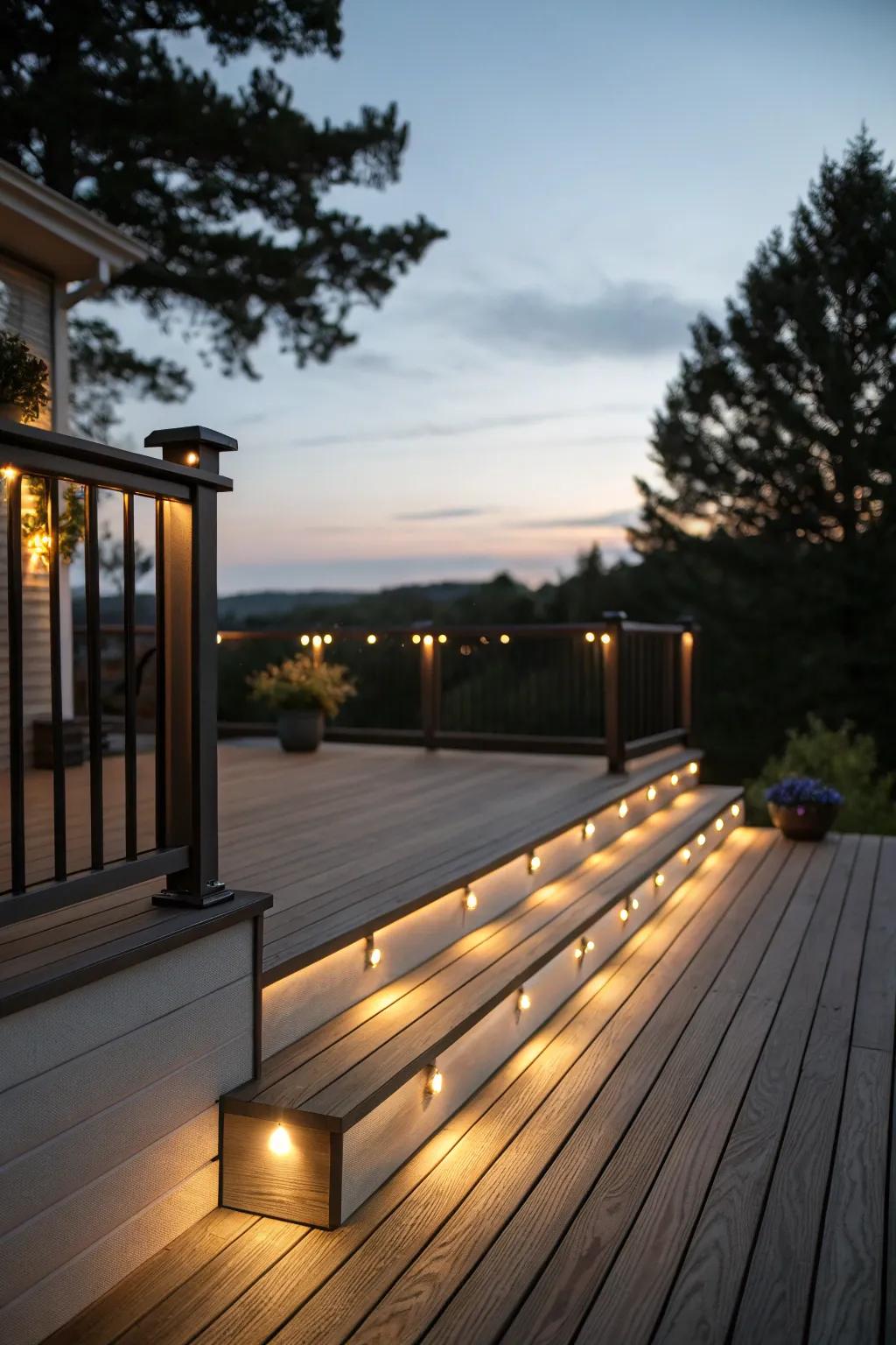 Integrated lighting adds warmth and ambiance to the deck.