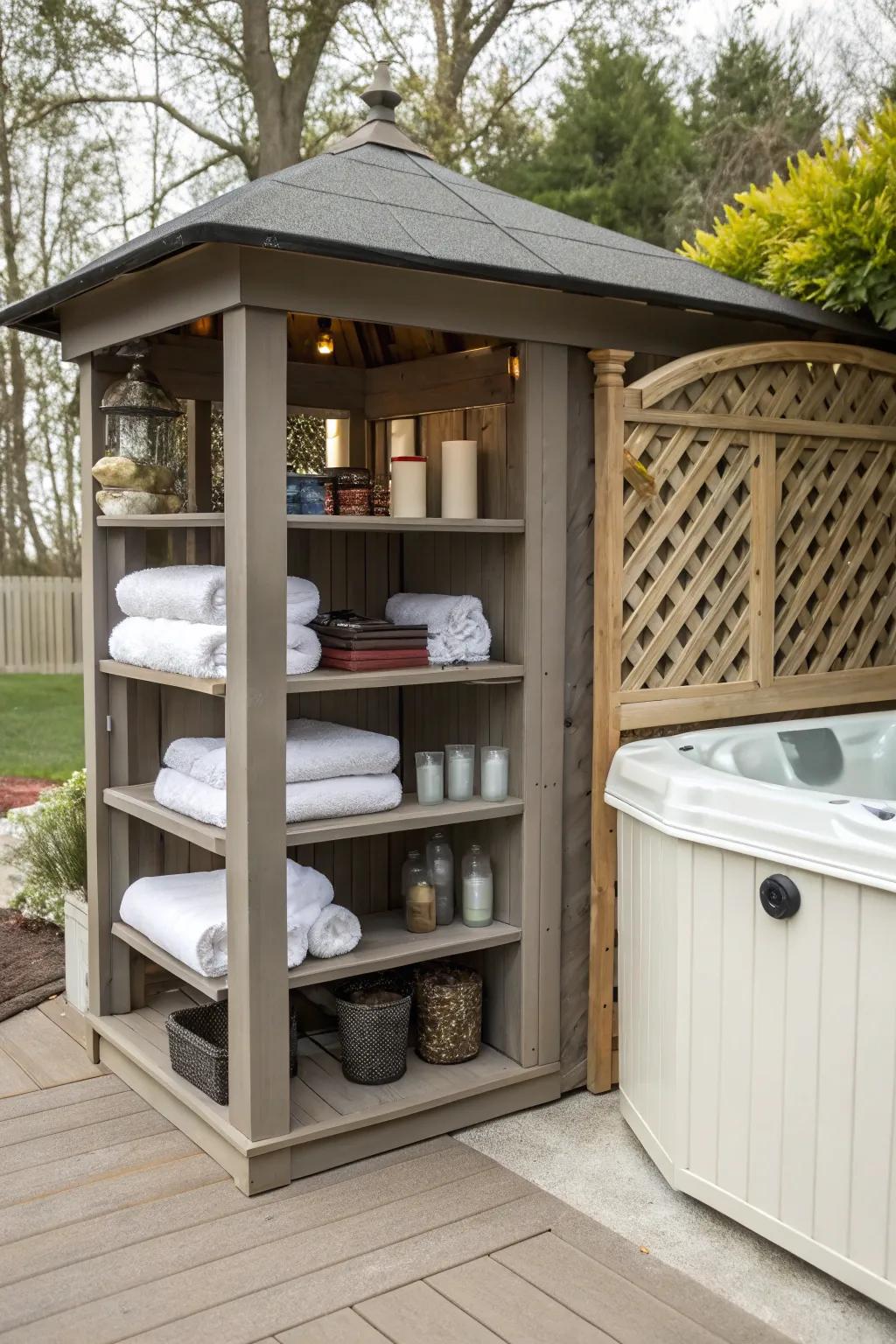 Functional storage seamlessly integrated into the gazebo design.