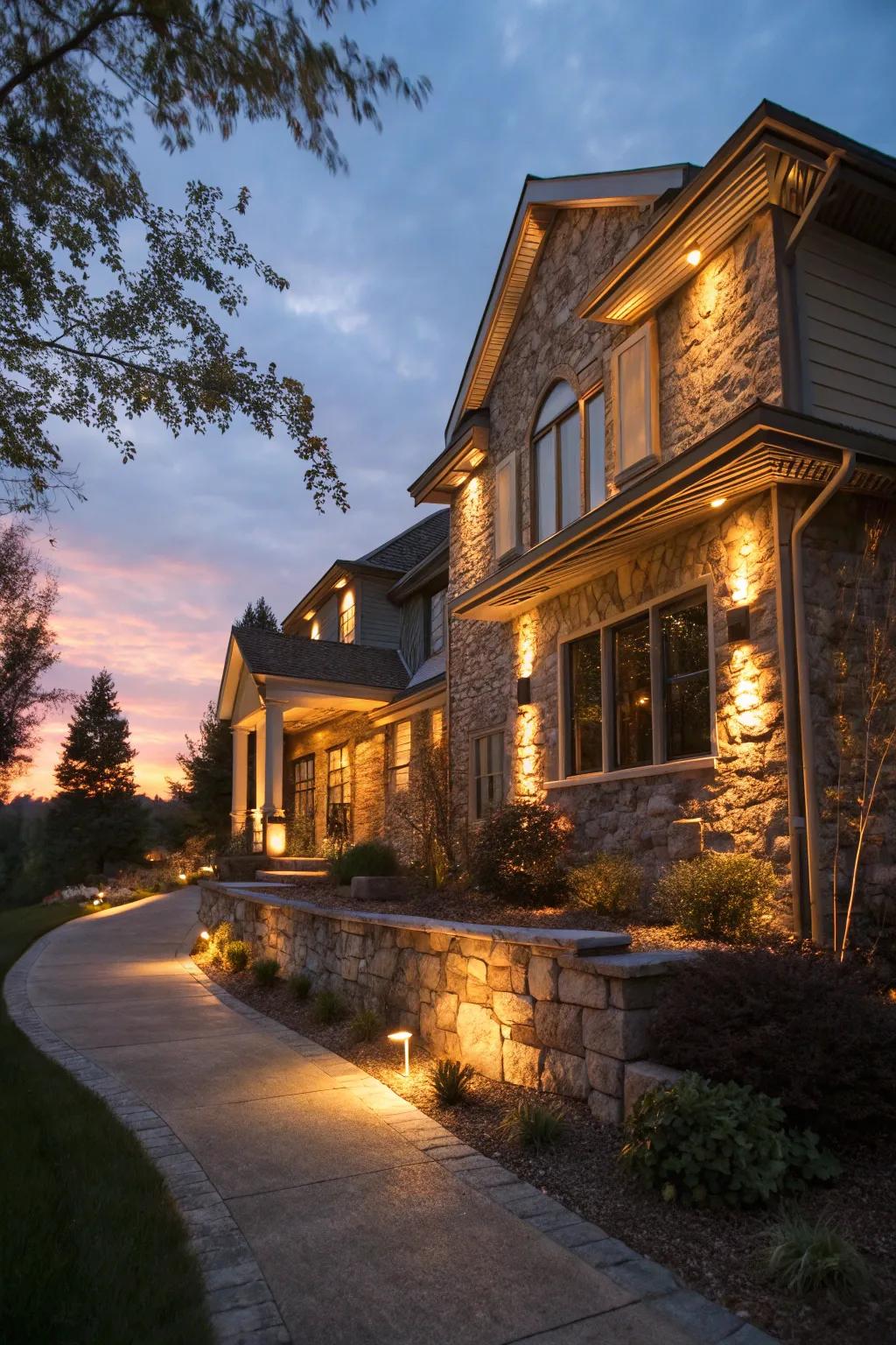 Soft lighting enhancing stone textures at night.