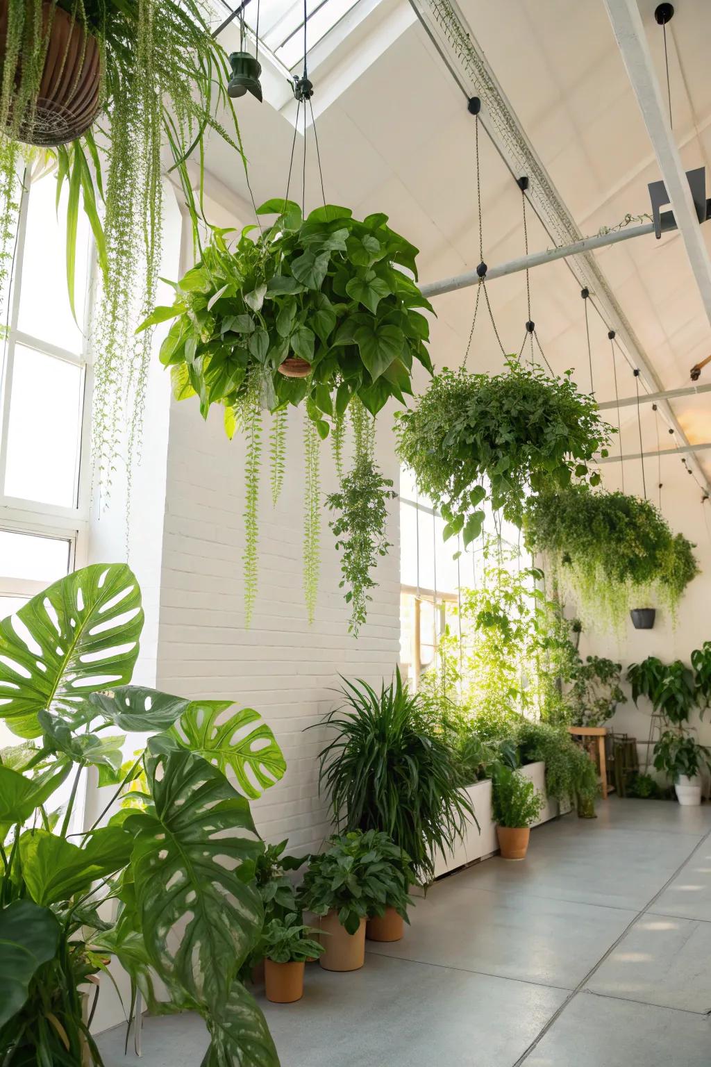 Hanging plants providing a lush, airy feel to the room.