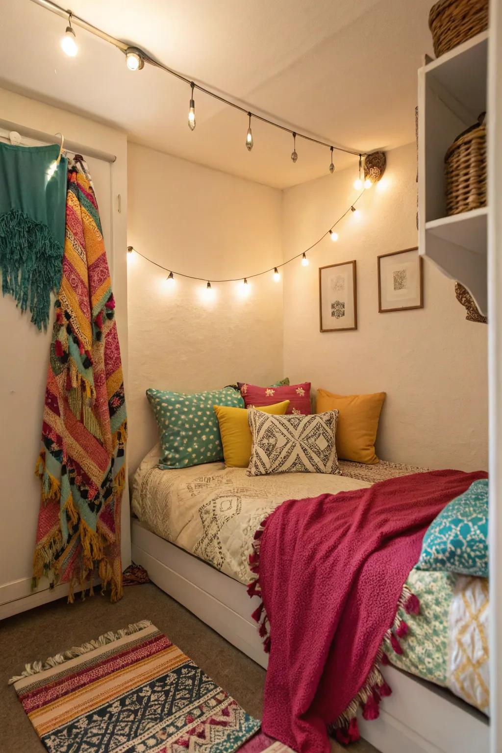 Colorful cushions and a throw add depth to this small bedroom.