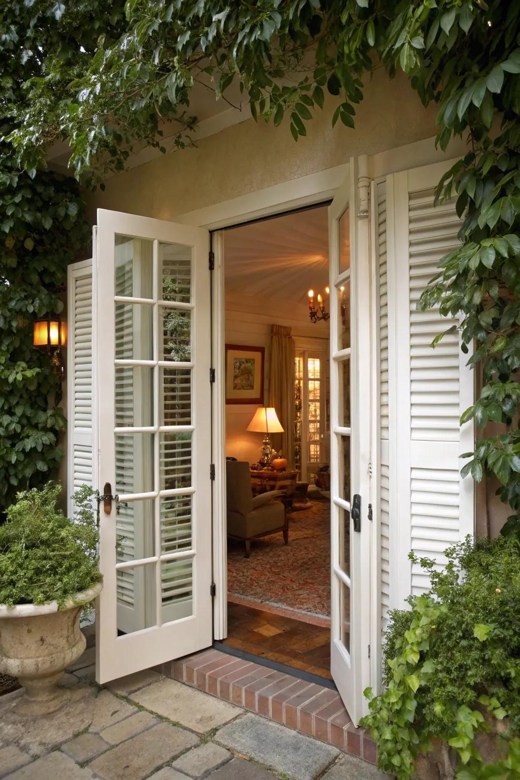 Plantation shutters provide a classic and versatile option for French doors.