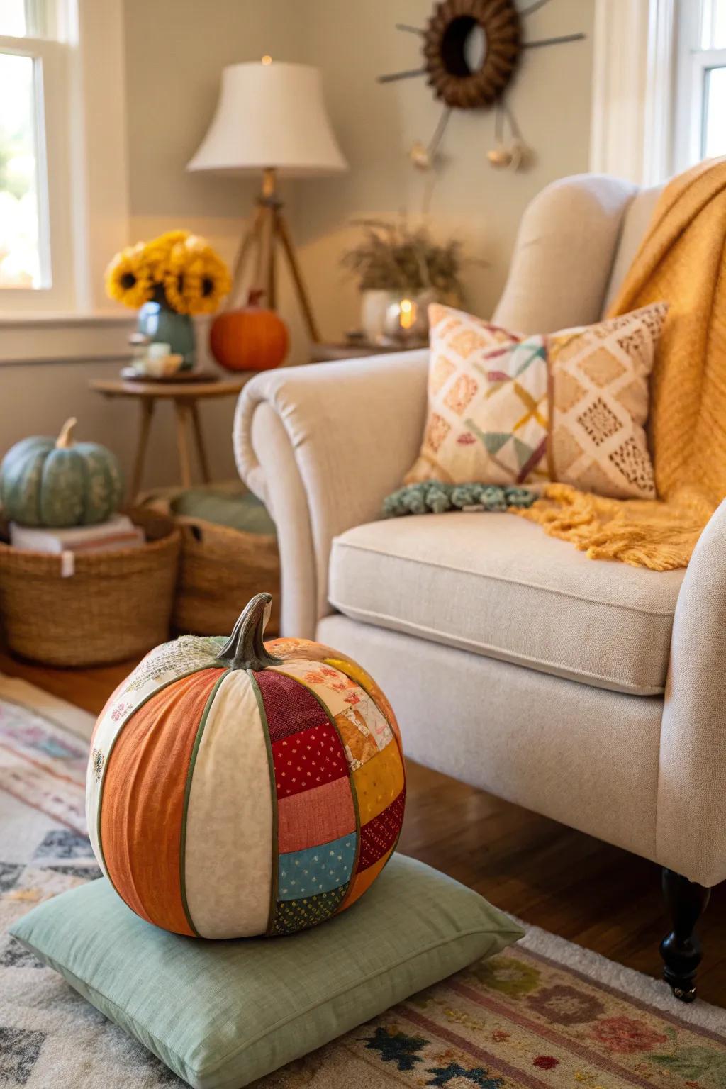 A fabric-wrapped pumpkin that introduces warmth and texture.