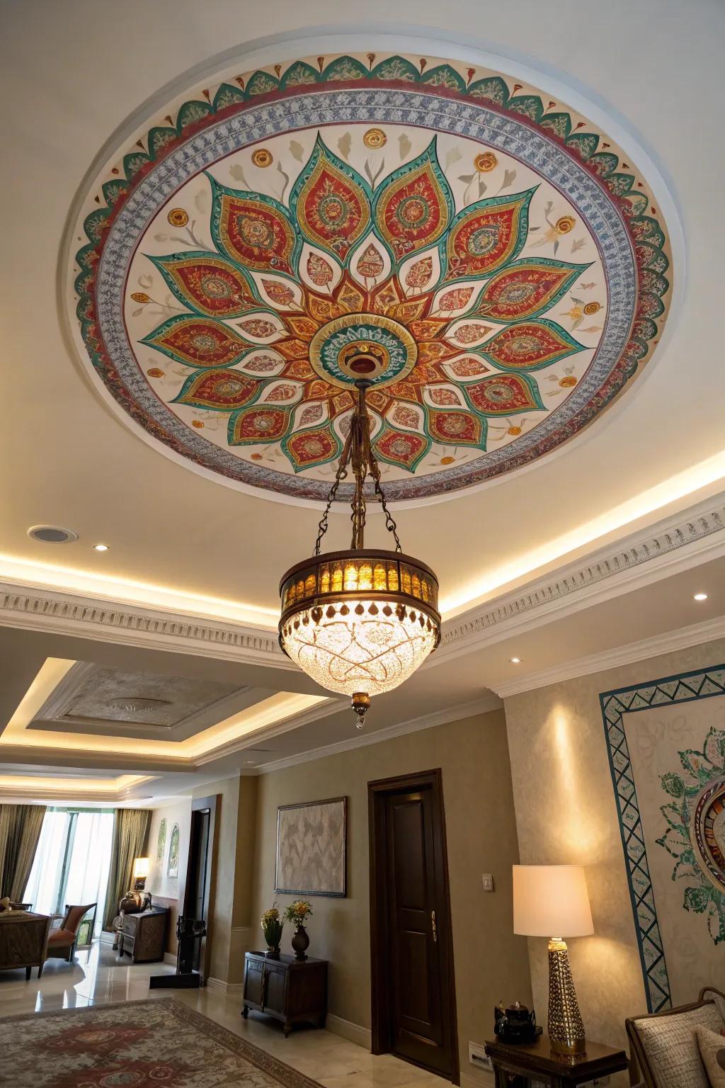 An elegant room featuring a colorful ceiling medallion surrounding a lighting fixture.