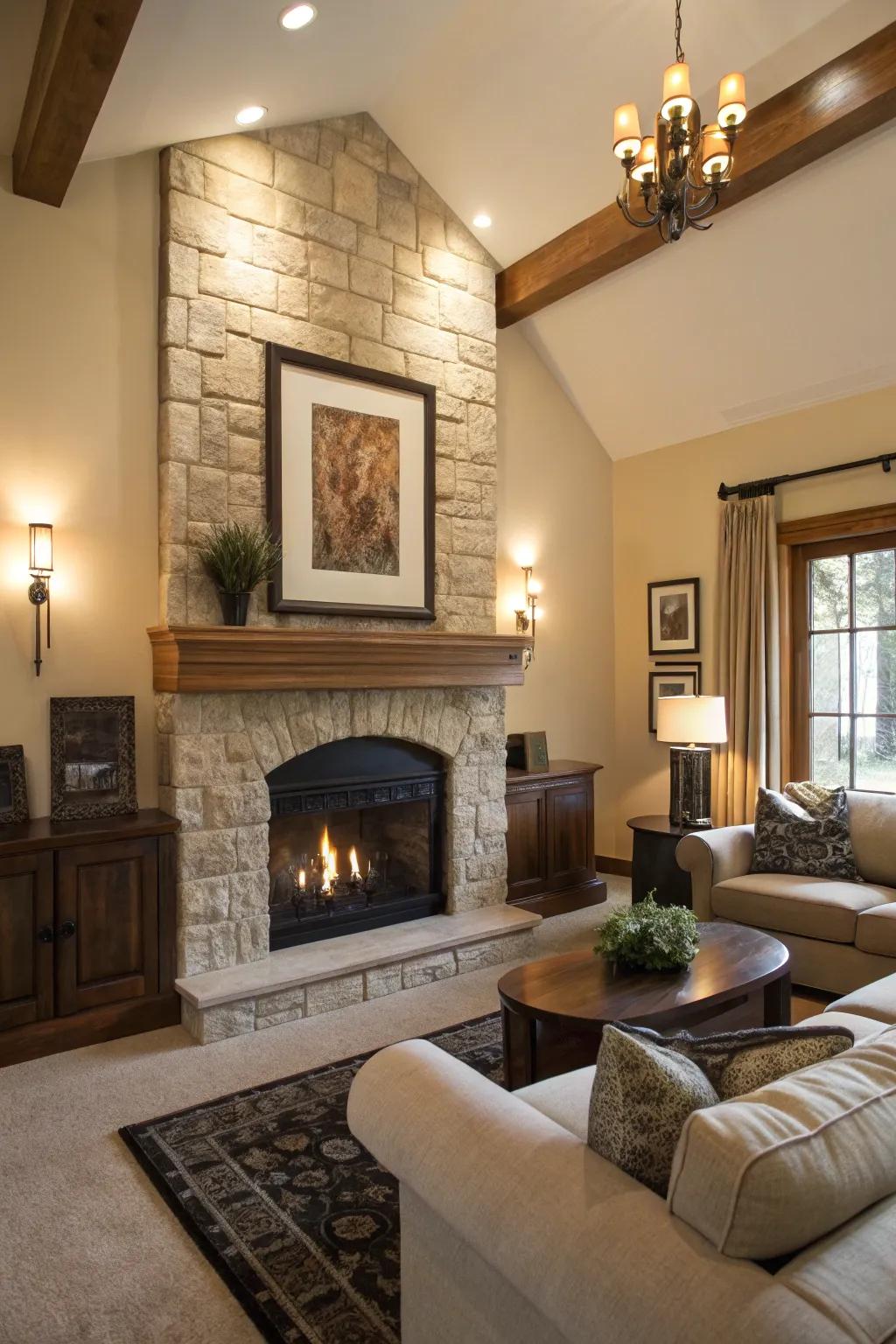 A living room where a classic fireplace takes center stage.