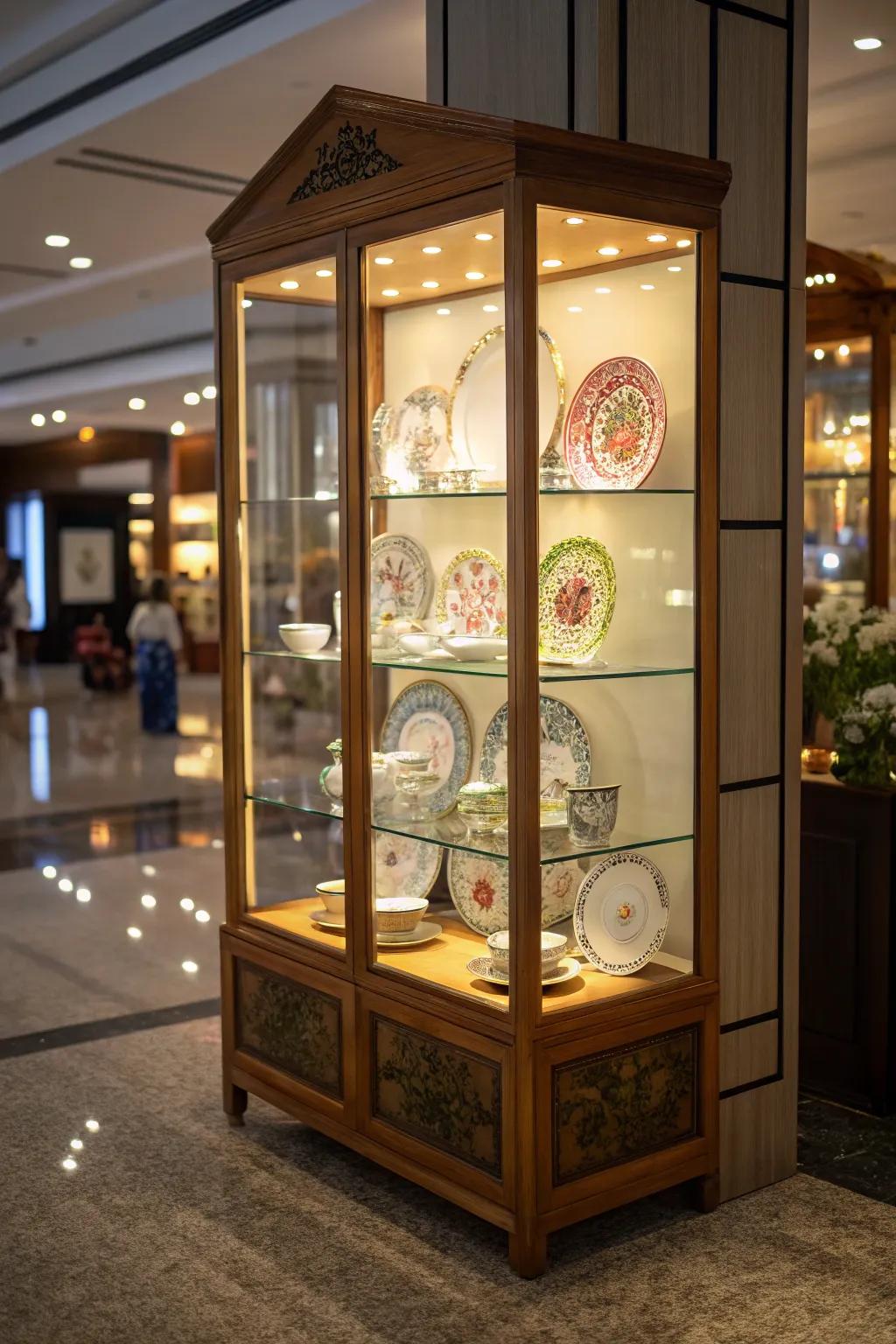 A lighted display cabinet beautifully illuminating a collection of china.