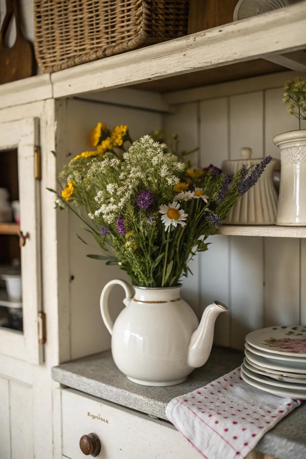 An unusual container used to display a casual floral arrangement.