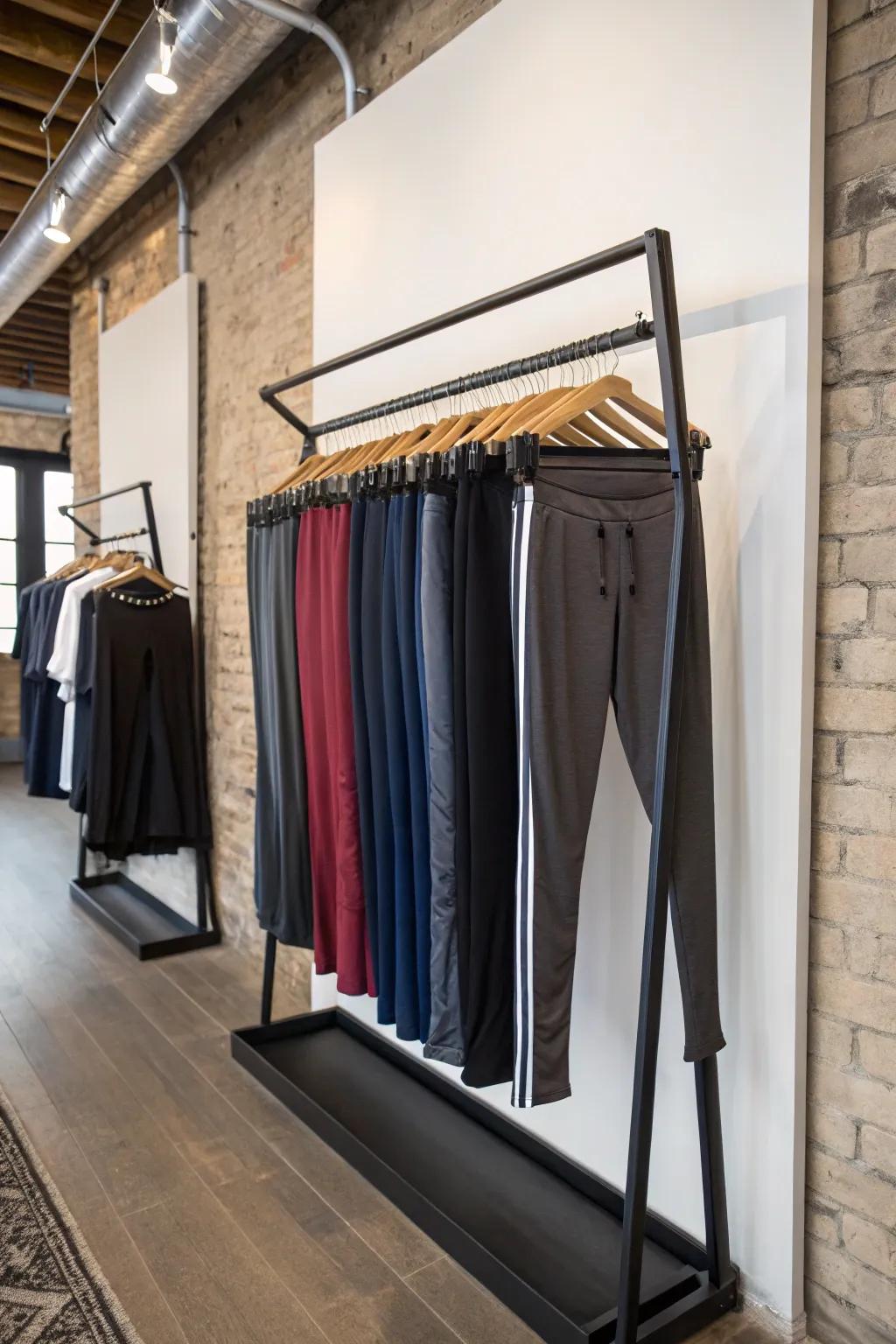 Opt for wall-mounted racks for a chic and space-saving leggings storage.